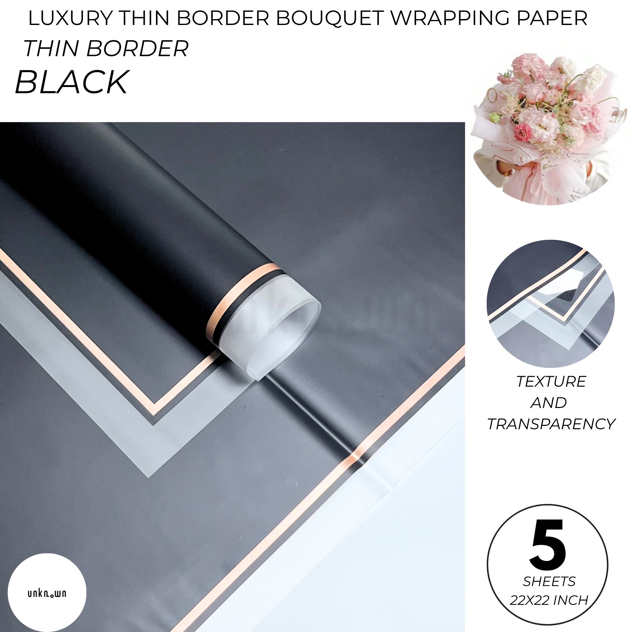 Luxury Thin Border Bouquet Wrapping Paper – Premium Translucent Floral Wrapping Sheets for Fresh Flower Bouquets | Pack of 5 Sheets