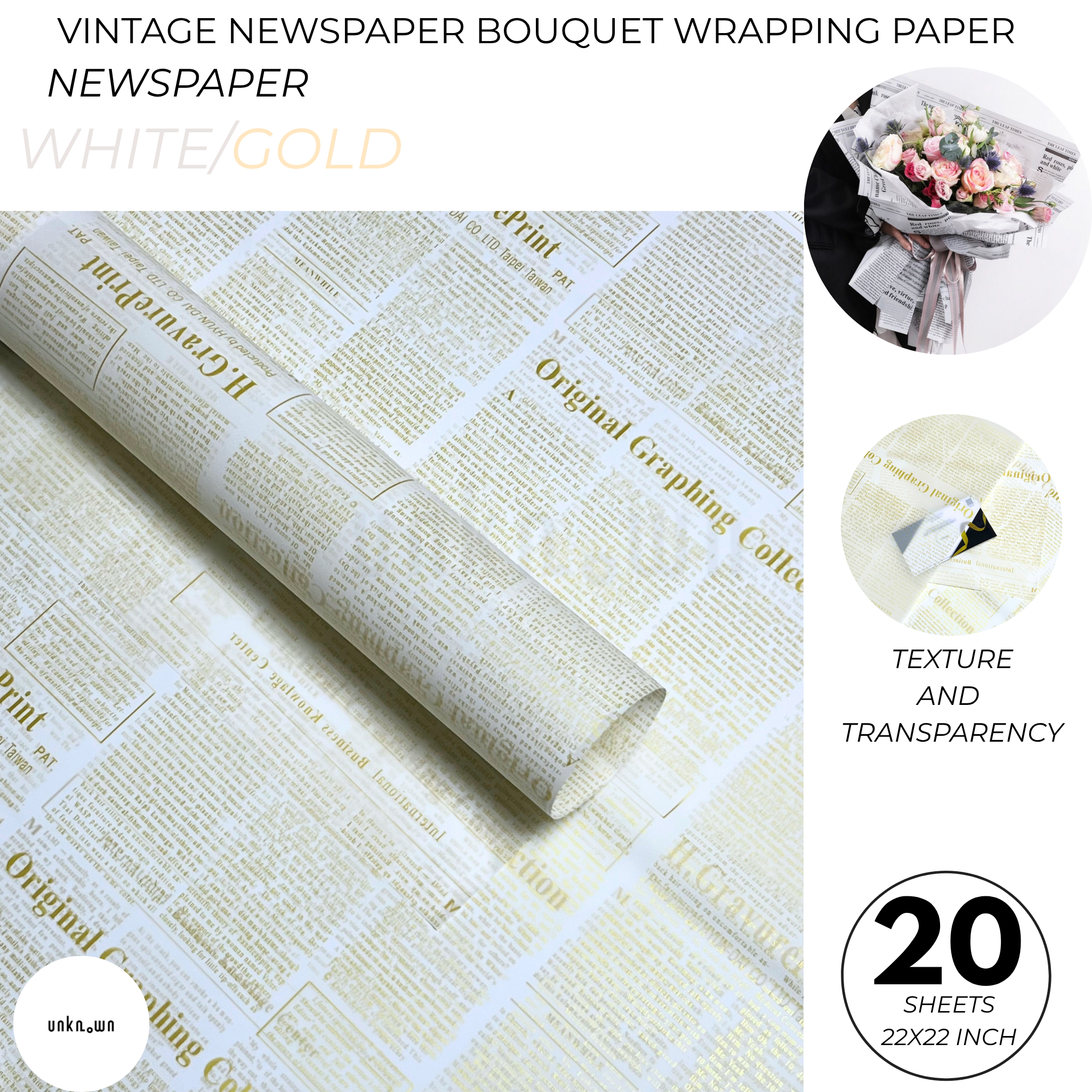 Premium Vintage Newspaper Bouquet Wrapping Paper – Floral Gift Wrap Sheets for Fresh Flowers, Florist Bouquet Packaging | 20 Sheets