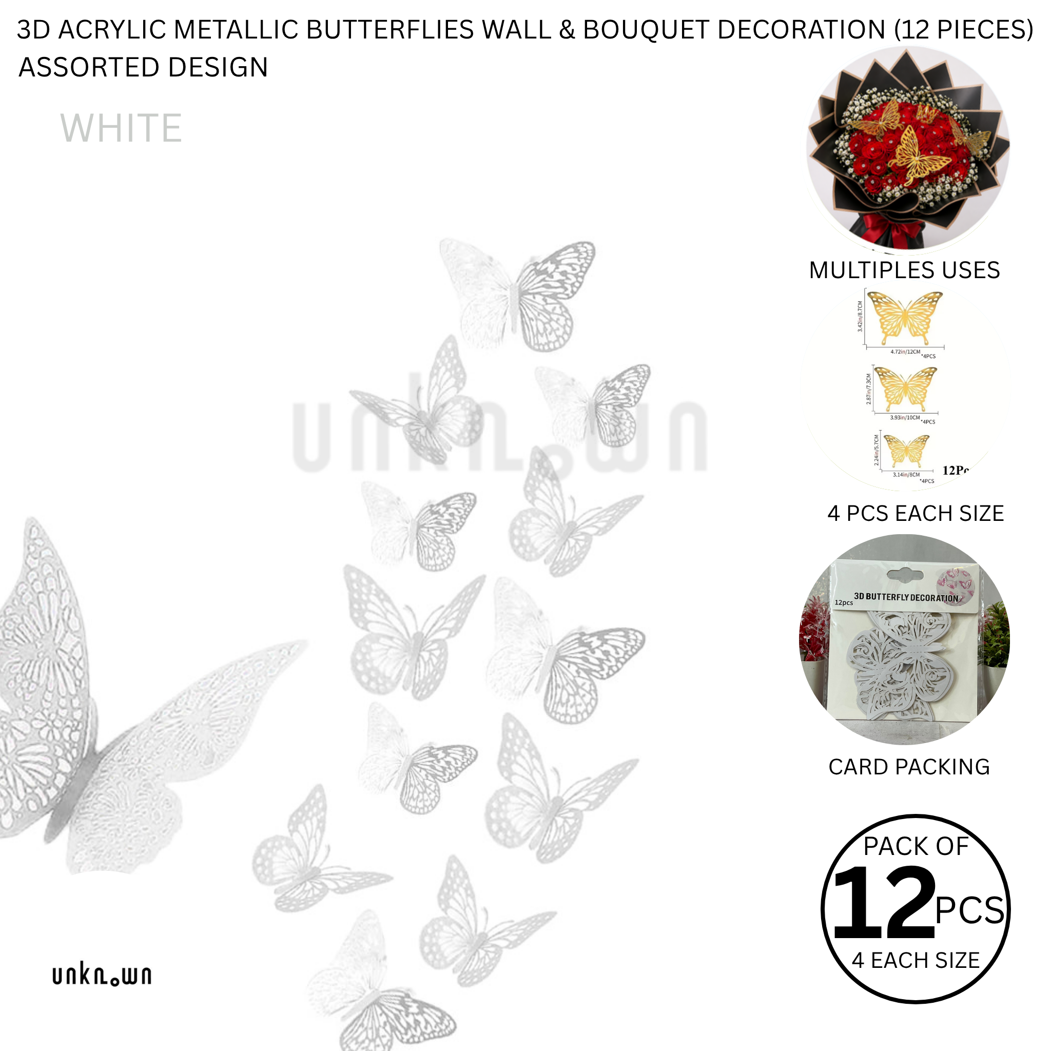 3D Acrylic Metallic Butterflies Wall & Bouquet Decoration (12 Pieces)
