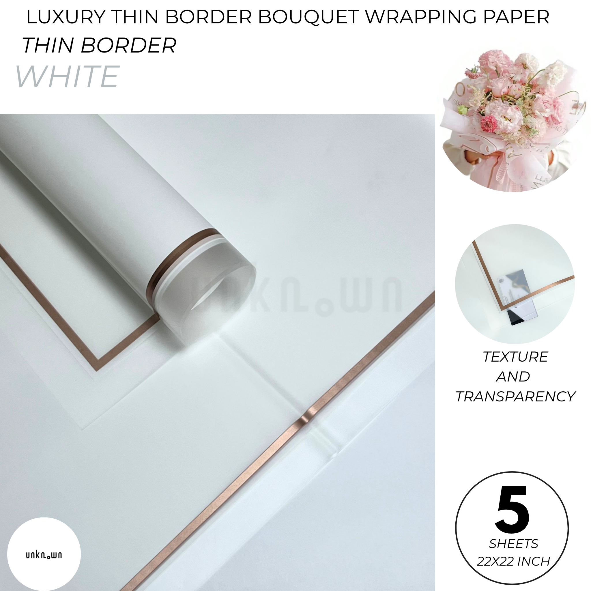 Luxury Thin Border Bouquet Wrapping Paper – Premium Translucent Floral Wrapping Sheets for Fresh Flower Bouquets | Pack of 5 Sheets