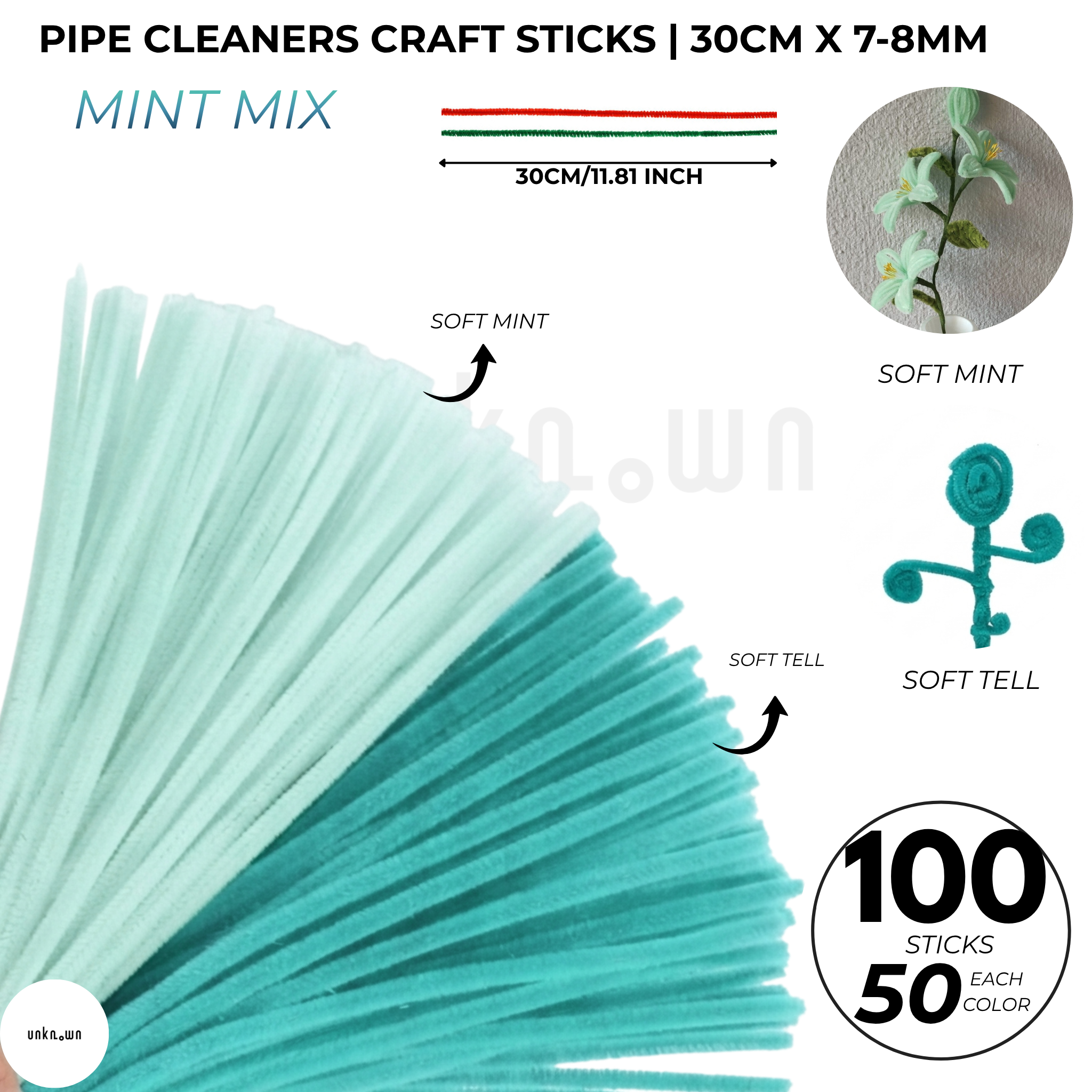 Pipe Cleaners Craft Sticks 100 Pcs (2 Color Mix) | Velvet Pipe Cleaner Chenille Stems 30cm (50+50) for DIY Crafts, Handmade Flowers, Bouquet Decoration & School Projects