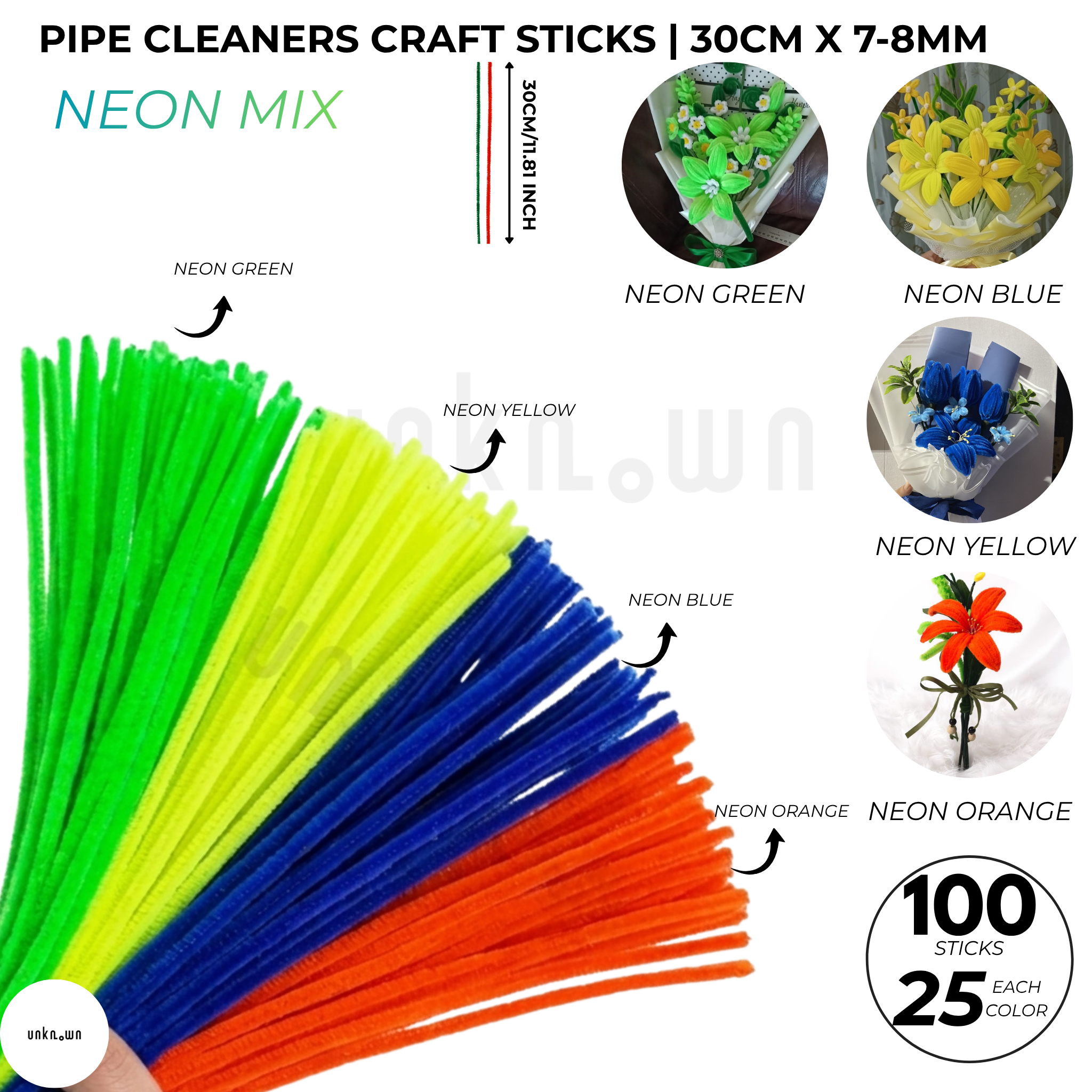 Pipe Cleaners Craft Sticks 100 Pcs Mixed Colors | Velvet Pipe Cleaner (25 Each Color) Chenille Stems 30cm for DIY Crafts, Handmade Flowers, School Projects & Bouquet Decoration