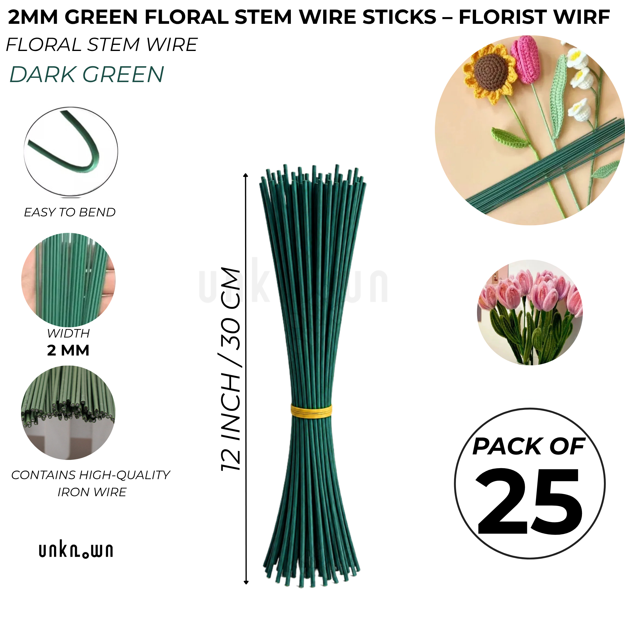 2mm Green Floral Stem Wire Sticks – 12 Inch / 30 CM Florist Wire for Artificial Flowers, Bouquet Making, Floral Crafts & DIY | Pack of 5, 15 & 25