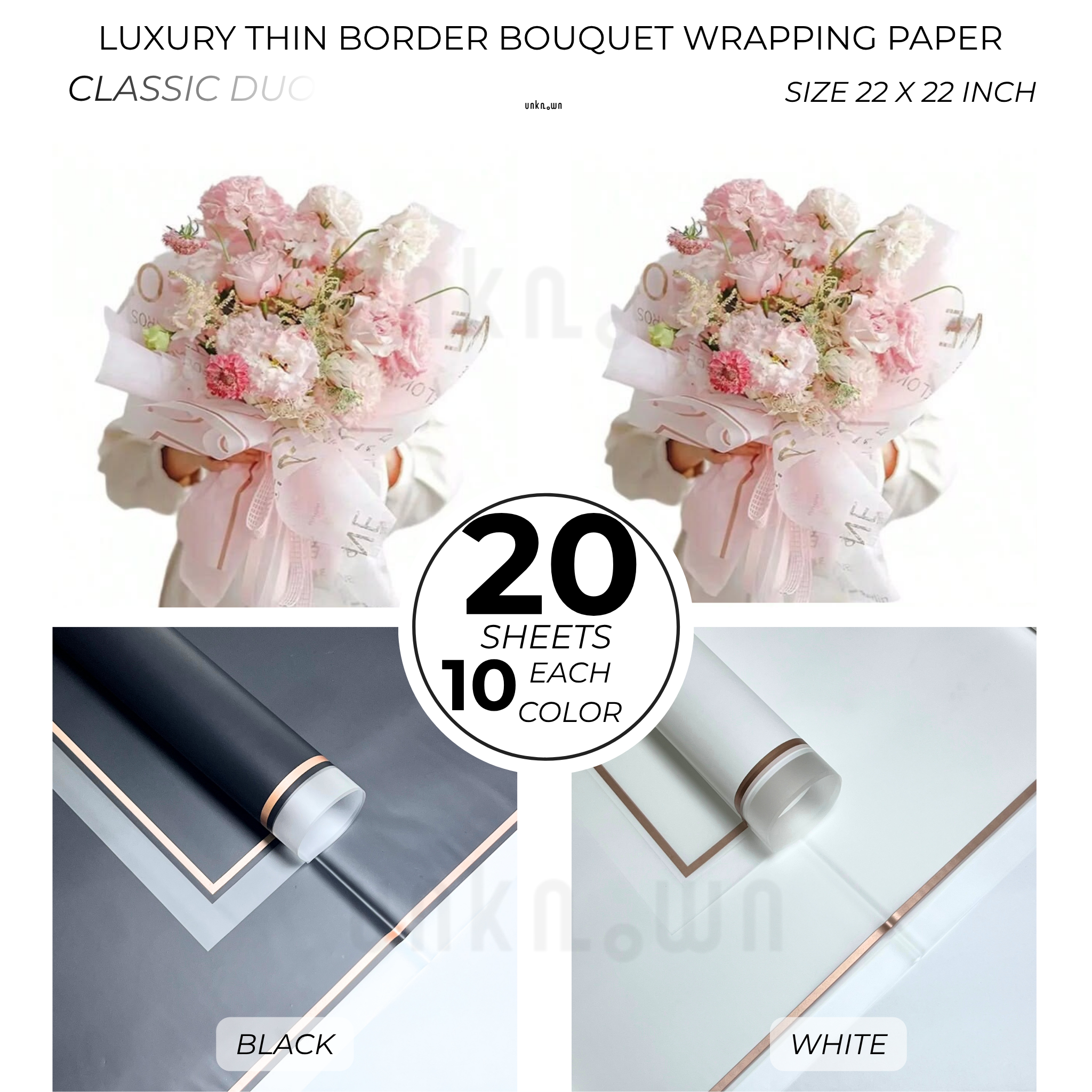 Luxury Thin Border Bouquet Wrapping Paper Pack of 20 Sheets | Premium Translucent Flower Wrapping Paper | Waterproof Florist Bouquet Gift Wrap