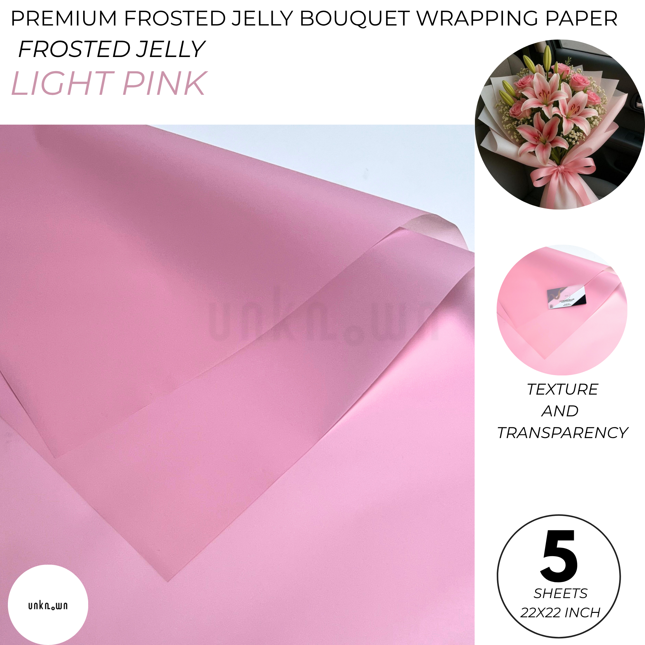 Premium Frosted Jelly Bouquet Wrapping Paper – 5 Sheets | Translucent Korean Flower Wrapping Paper for Fresh Flowers, Florist Bouquets & Floral Packaging