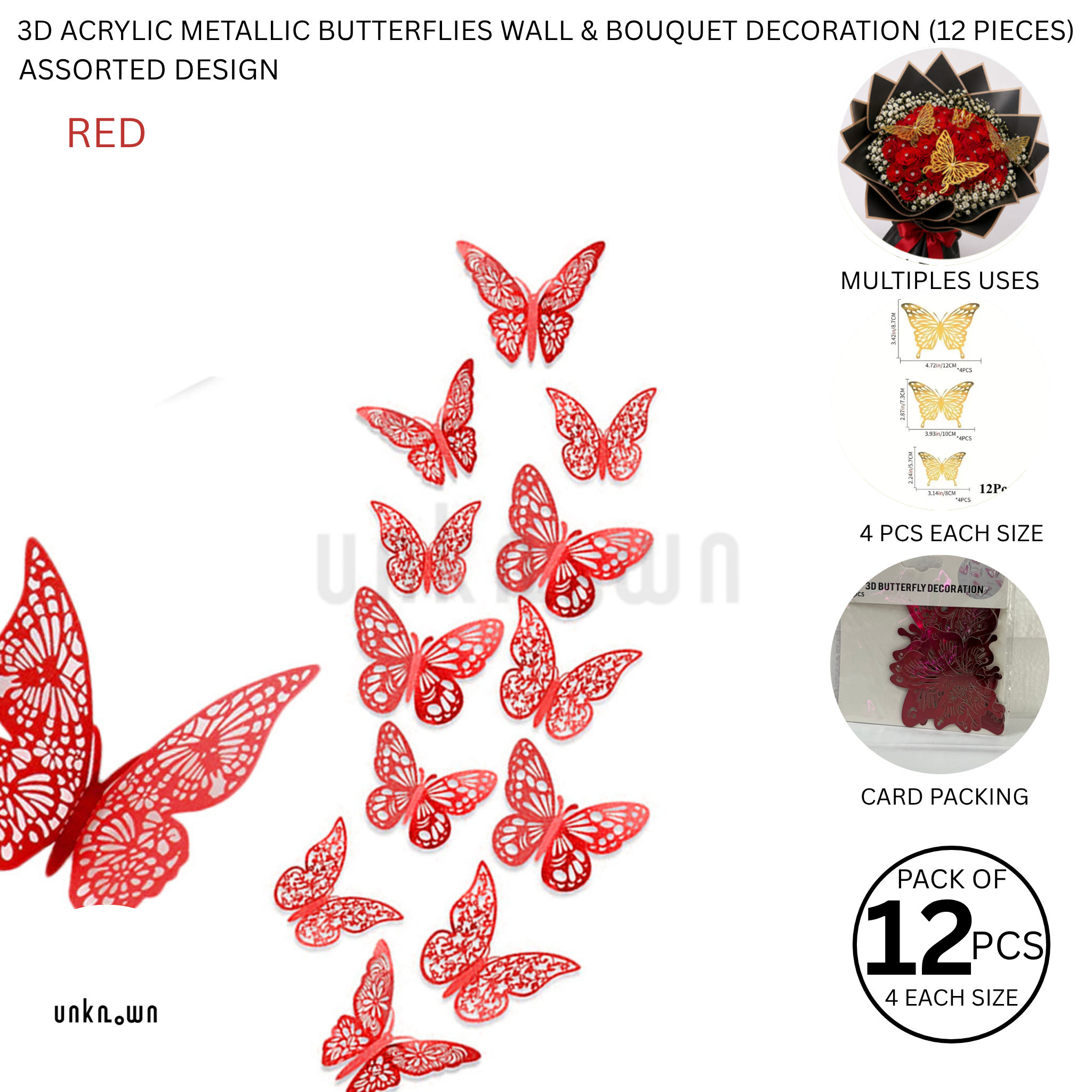 3D Acrylic Metallic Butterflies Wall & Bouquet Decoration (12 Pieces)