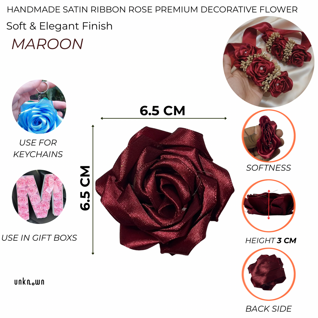Handmade Satin Ribbon Rose – 6.5cm Decorative Artificial Flower | Premium Craft Flower