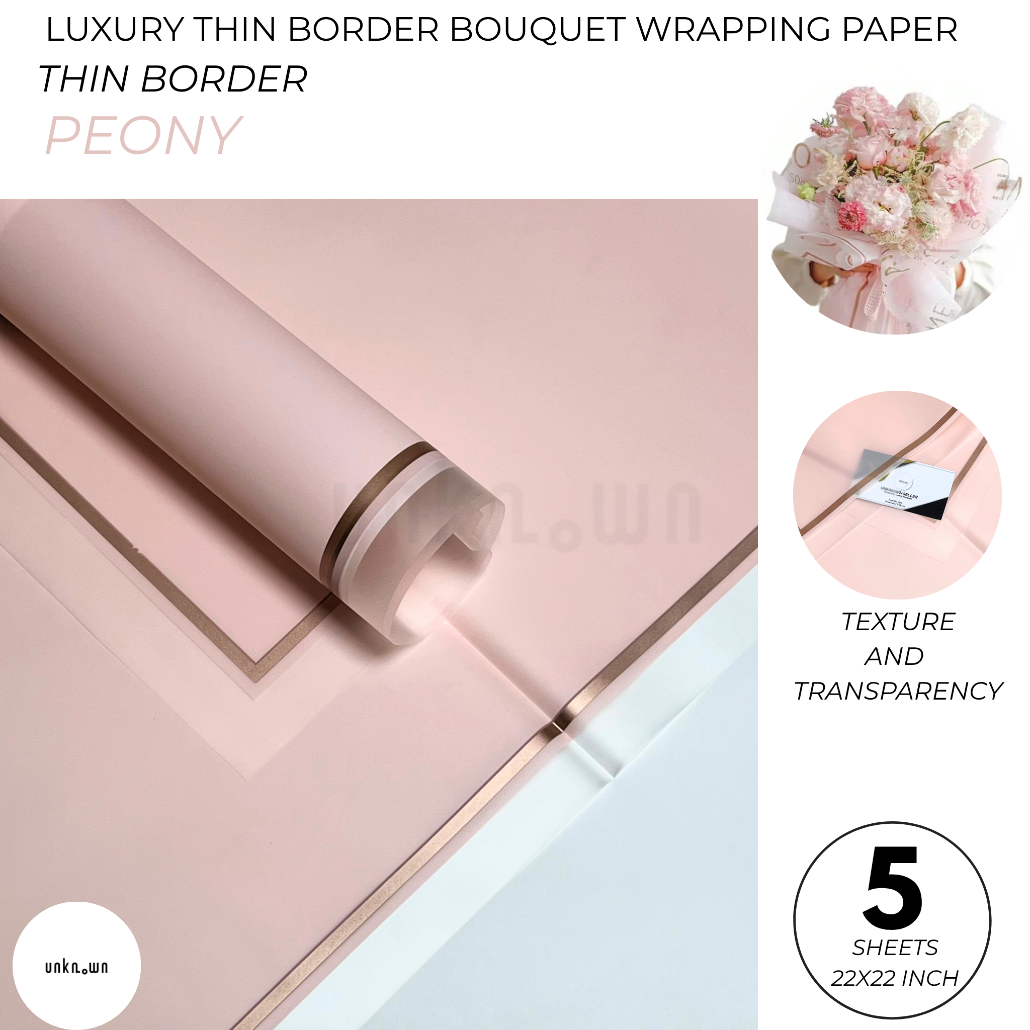 Luxury Thin Border Bouquet Wrapping Paper – Premium Translucent Floral Wrapping Sheets for Fresh Flower Bouquets | Pack of 5 Sheets