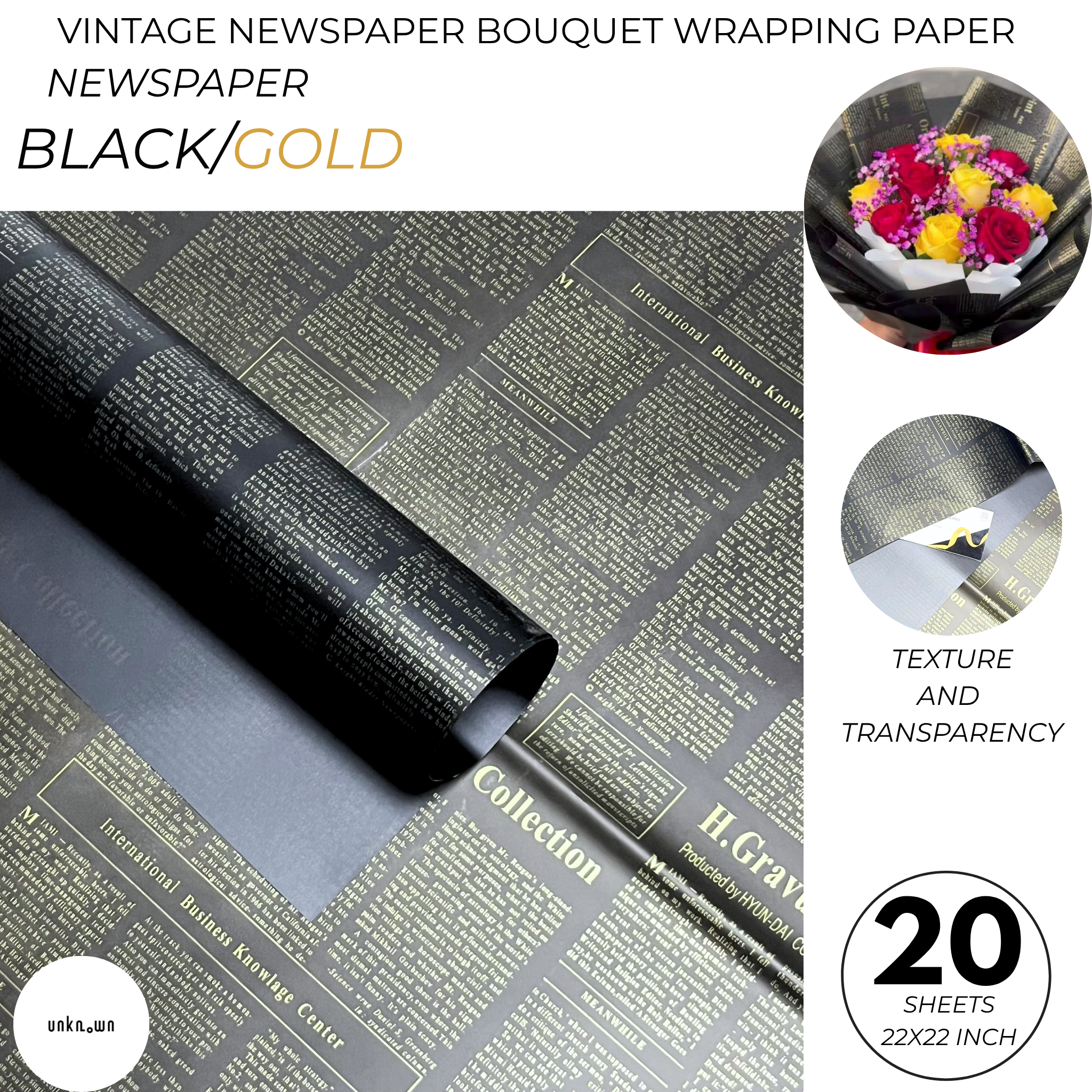 Premium Vintage Newspaper Bouquet Wrapping Paper – Floral Gift Wrap Sheets for Fresh Flowers, Florist Bouquet Packaging | 20 Sheets