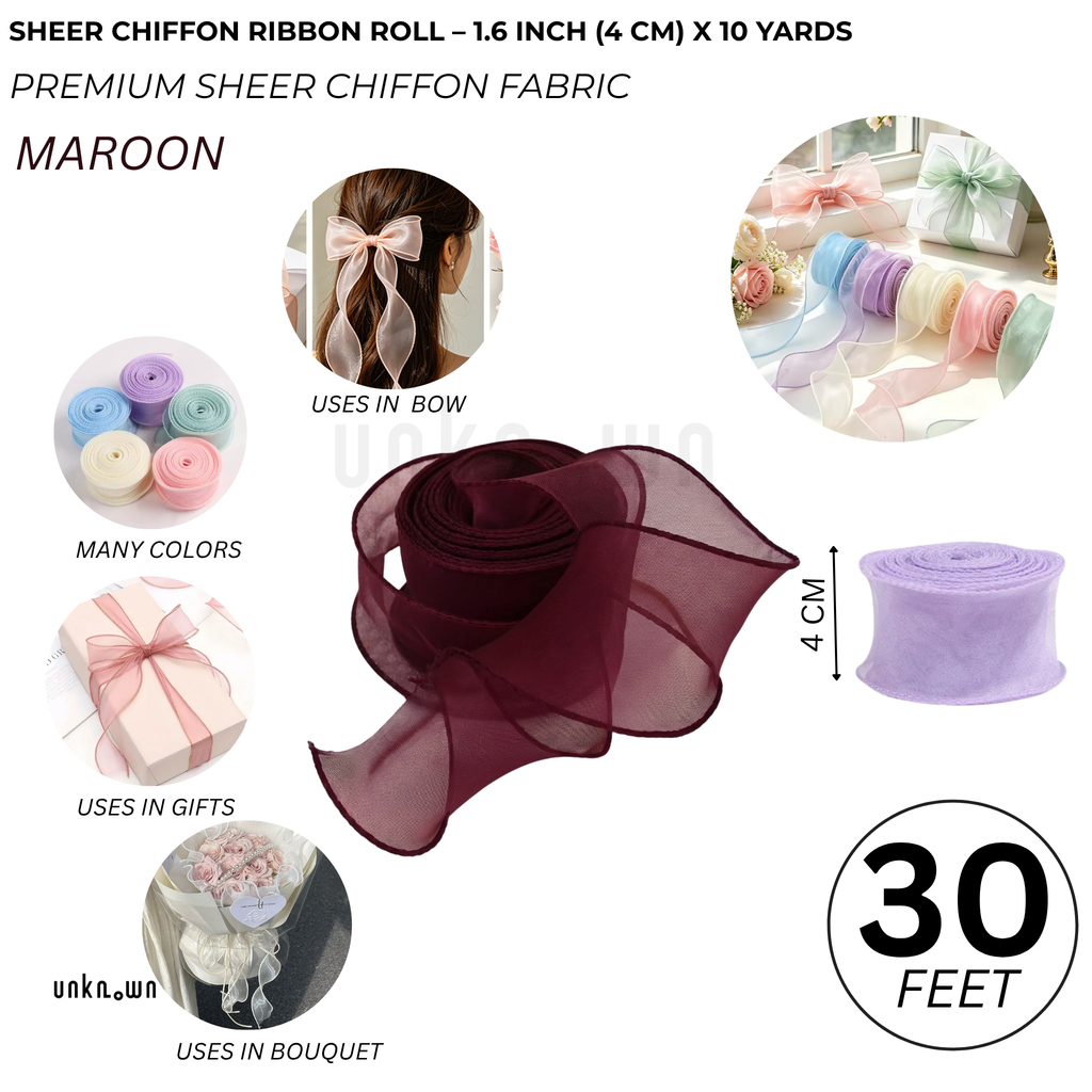 Premium Sheer Chiffon Ribbon Roll – 1.6 Inch (4 CM) x 10 Yards | Soft Organza Ribbon for Bouquet Wrapping, Gift Packing, Florist, DIY Crafts & Decorations