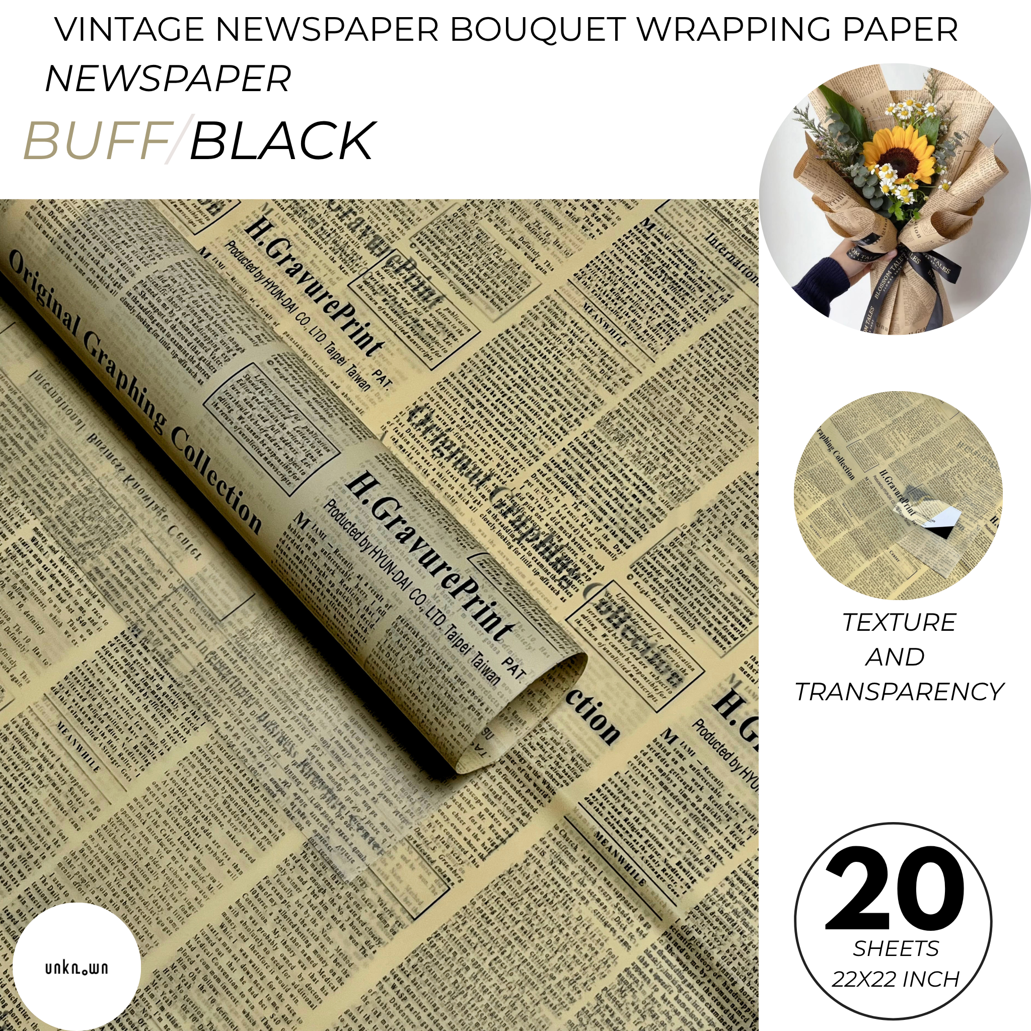 Premium Vintage Newspaper Bouquet Wrapping Paper – Floral Gift Wrap Sheets for Fresh Flowers, Florist Bouquet Packaging | 20 Sheets