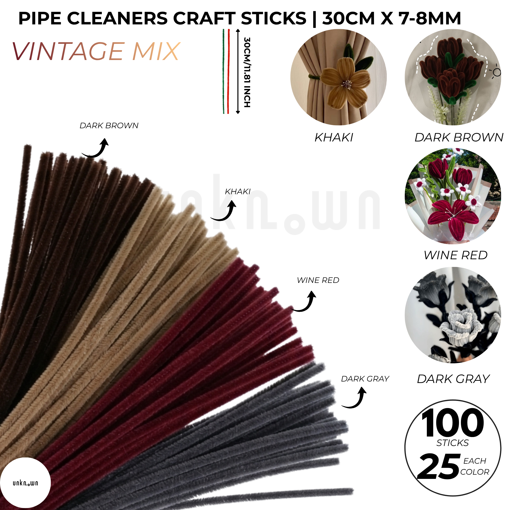 Pipe Cleaners Craft Sticks 100 Pcs Mixed Colors | Velvet Pipe Cleaner (25 Each Color) Chenille Stems 30cm for DIY Crafts, Handmade Flowers, School Projects & Bouquet Decoration
