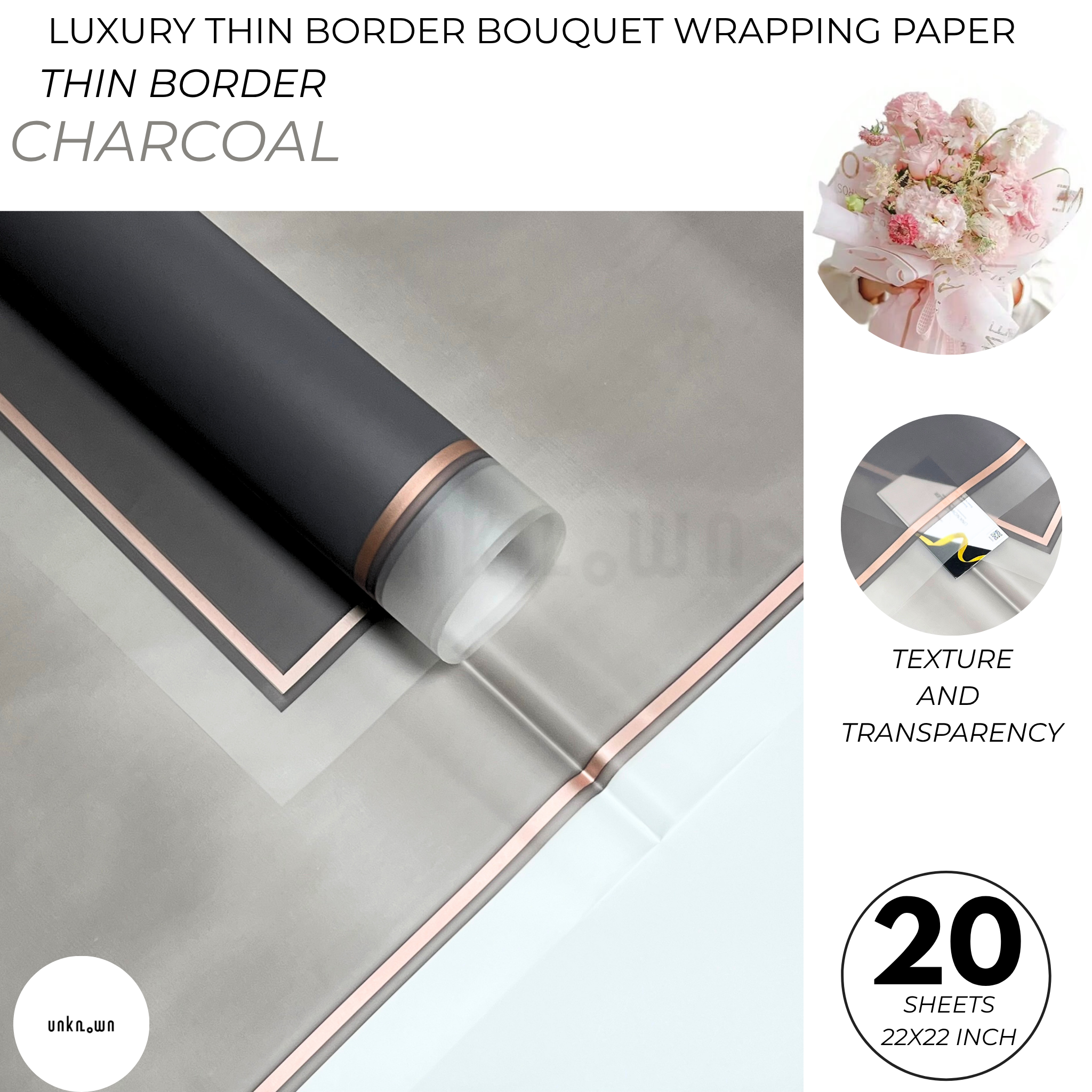 Luxury Thin Border Bouquet Wrapping Paper Pack of 20 Sheets | Premium Translucent Flower Wrapping Paper | Waterproof Florist Bouquet Gift Wrap