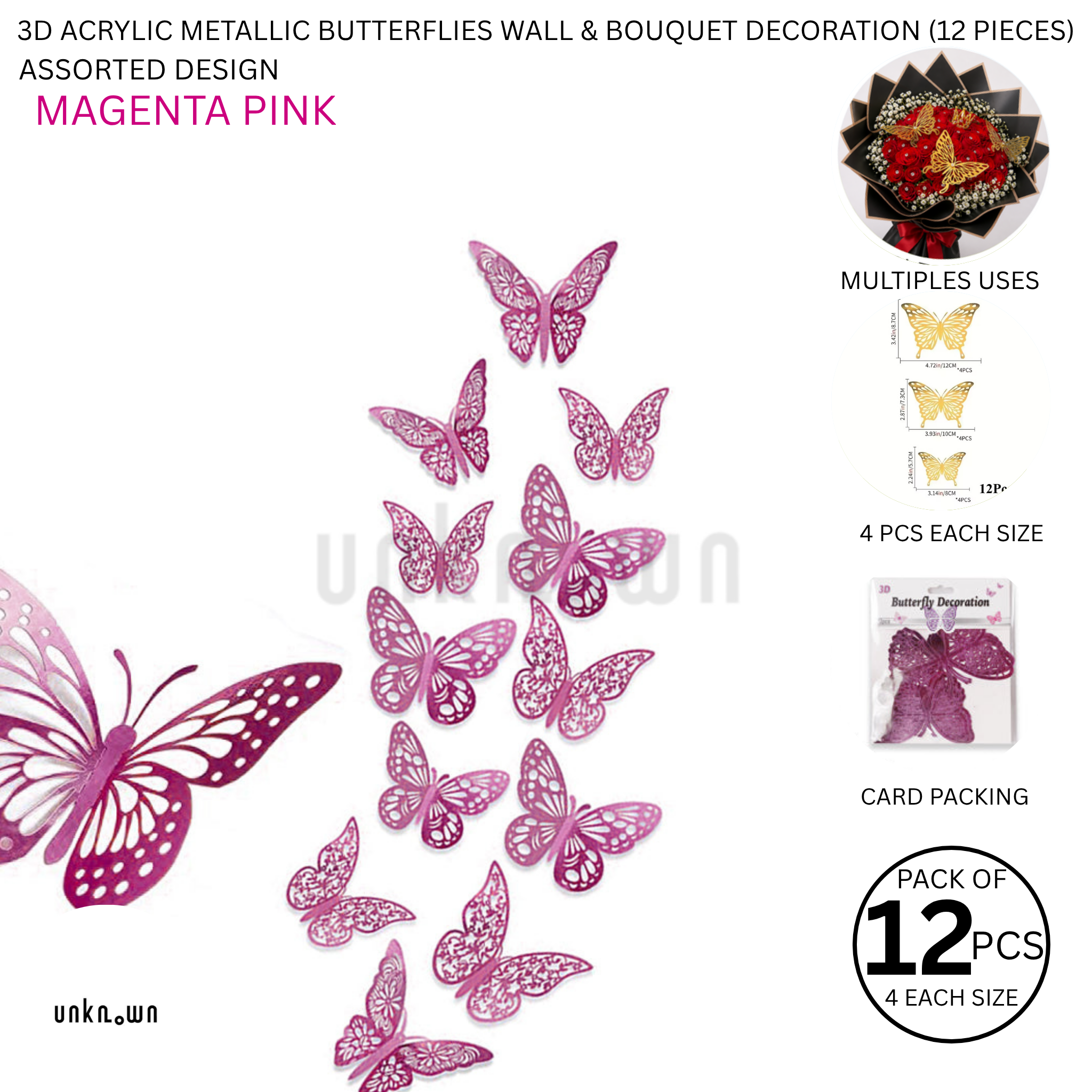 3D Acrylic Metallic Butterflies Wall & Bouquet Decoration (12 Pieces)