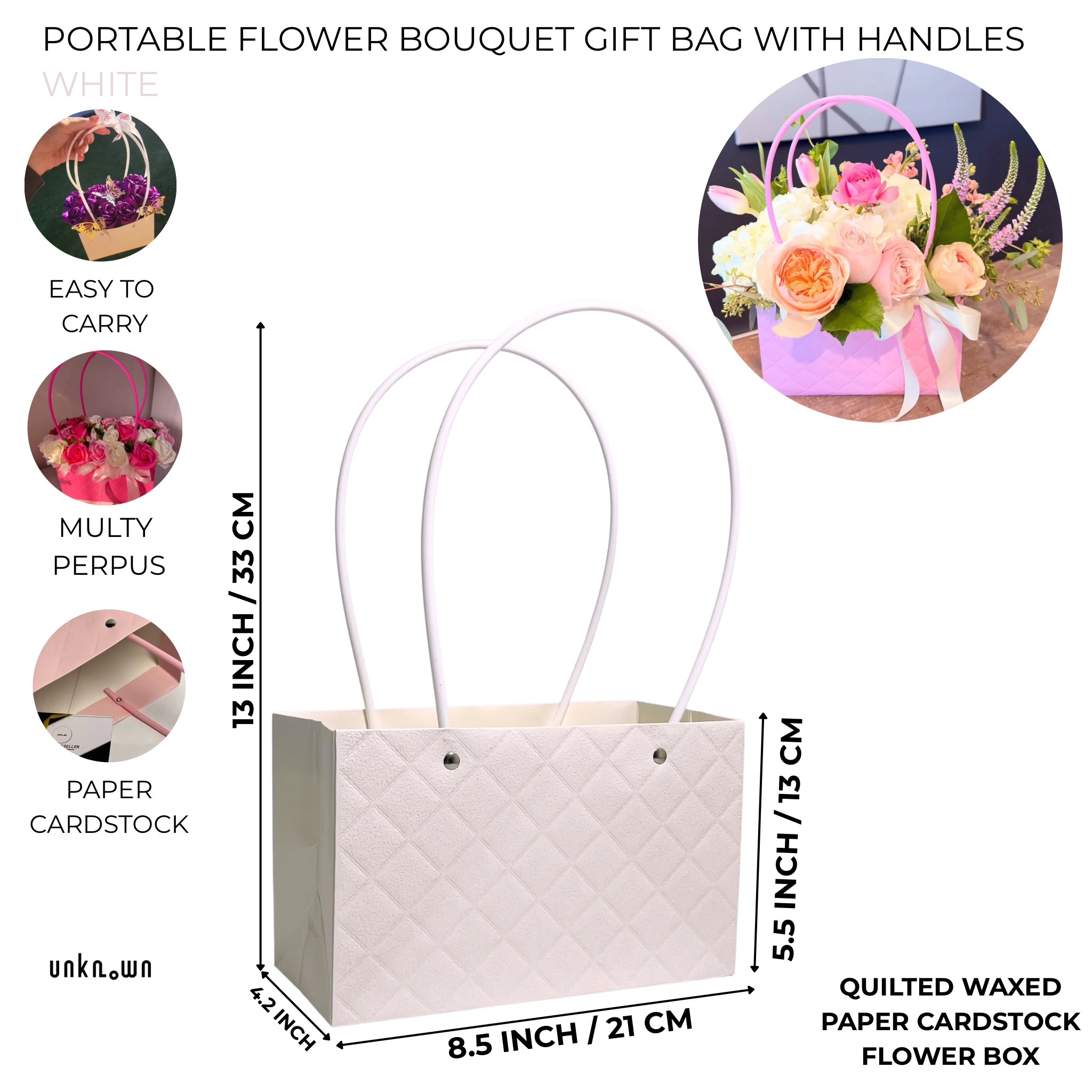 Portable Flower Bouquet Gift Bag with Handles – Quilted Waxed Cardstock Flower Box (Pink & White)