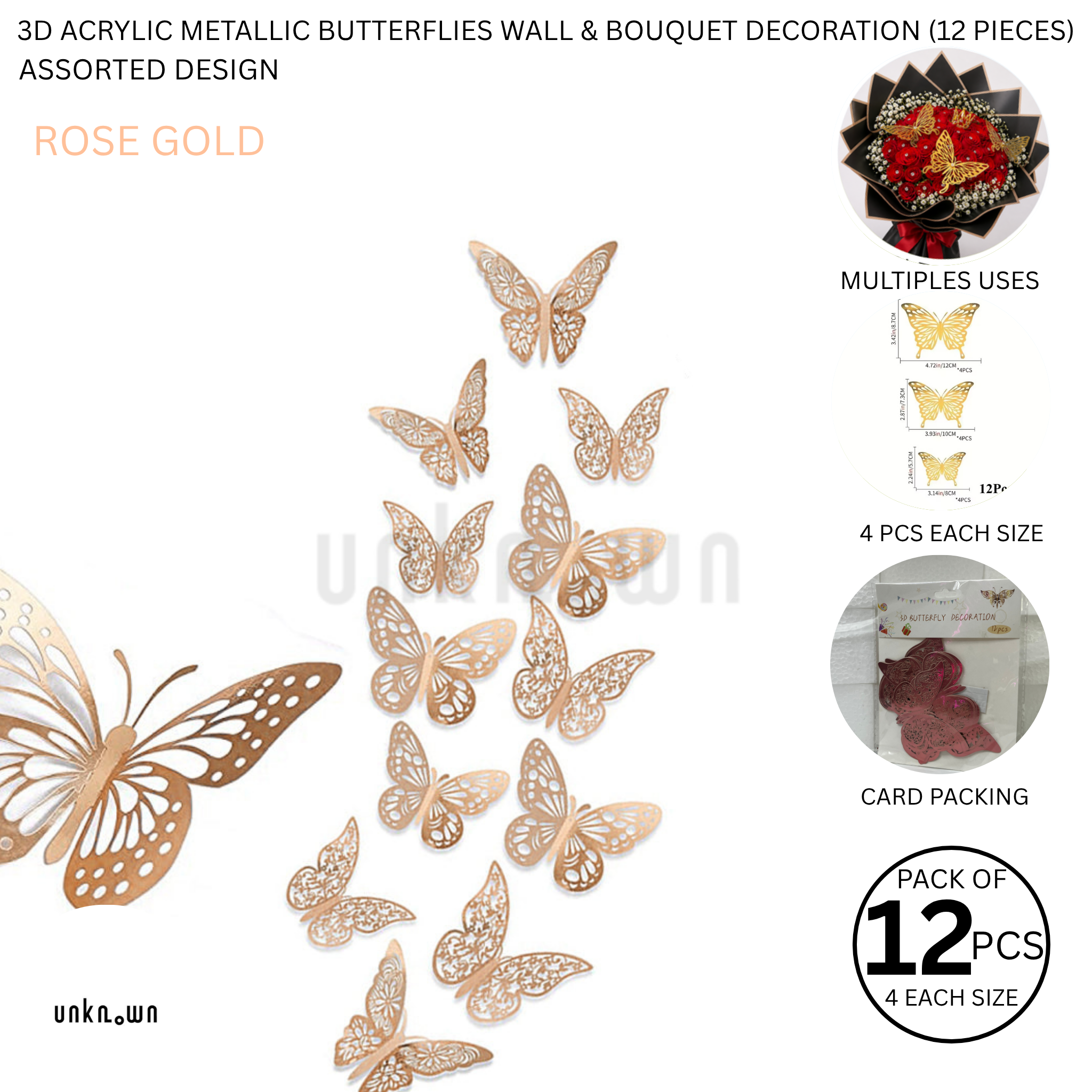 3D Acrylic Metallic Butterflies Wall & Bouquet Decoration (12 Pieces)