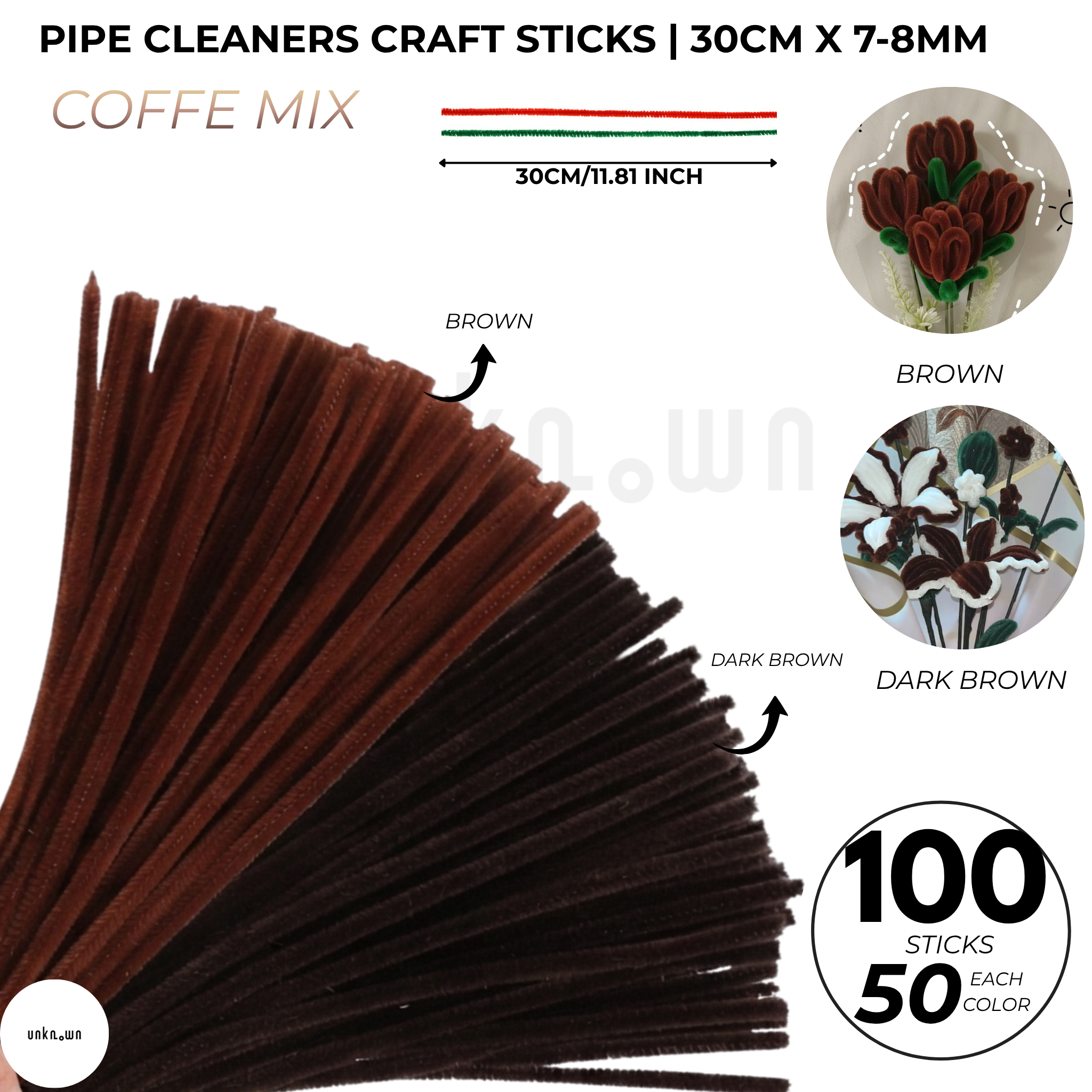 Pipe Cleaners Craft Sticks 100 Pcs (2 Color Mix) | Velvet Pipe Cleaner Chenille Stems 30cm (50+50) for DIY Crafts, Handmade Flowers, Bouquet Decoration & School Projects