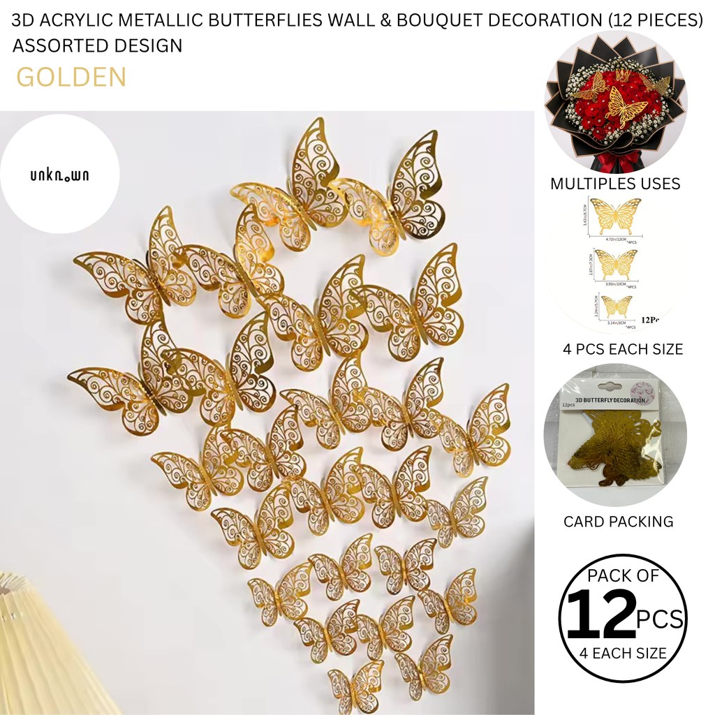 3D Acrylic Metallic Butterflies Wall & Bouquet Decoration (12 Pieces)
