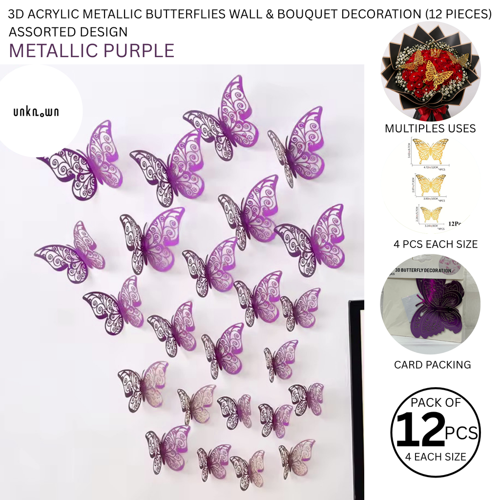 3D Acrylic Metallic Butterflies Wall & Bouquet Decoration (12 Pieces)