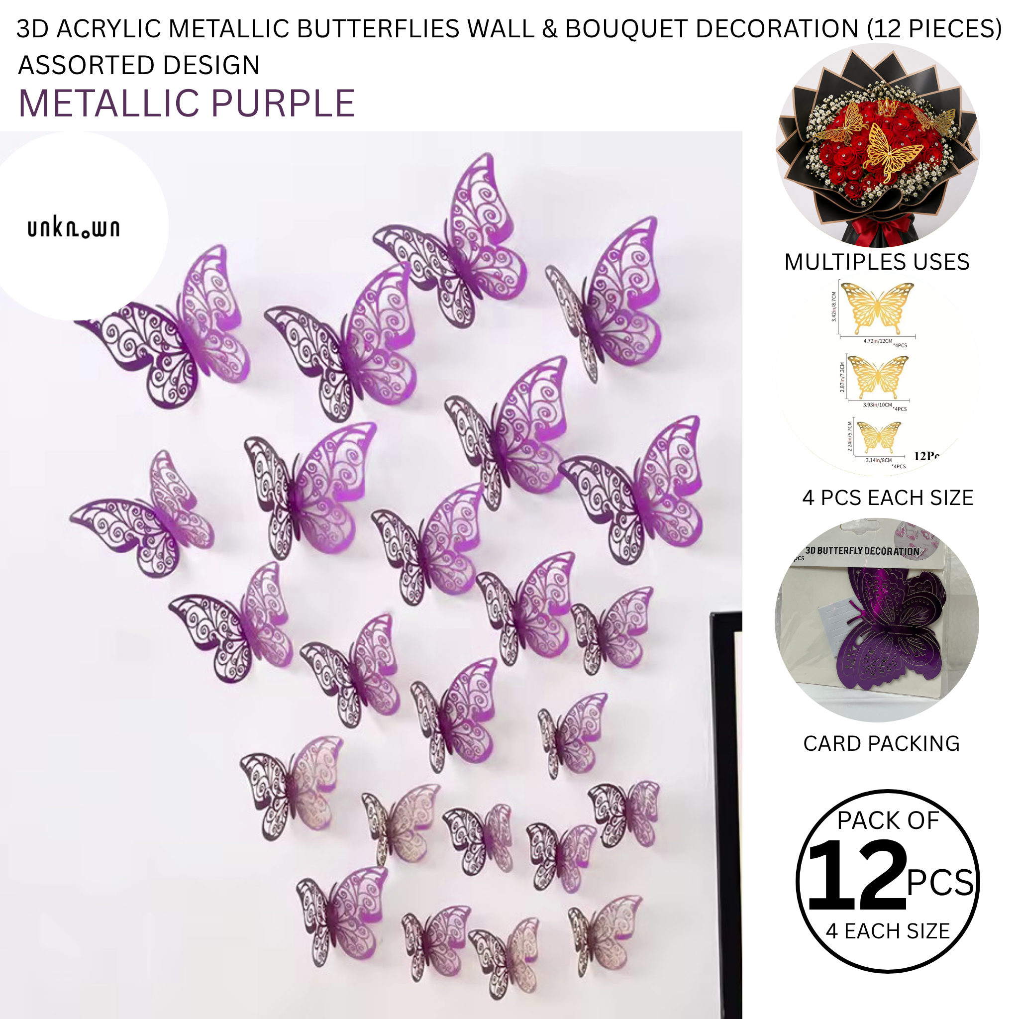 3D Acrylic Metallic Butterflies Wall & Bouquet Decoration (12 Pieces)