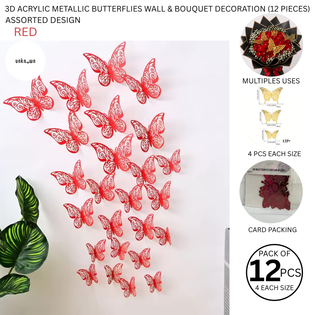 3D Acrylic Metallic Butterflies Wall & Bouquet Decoration (12 Pieces)