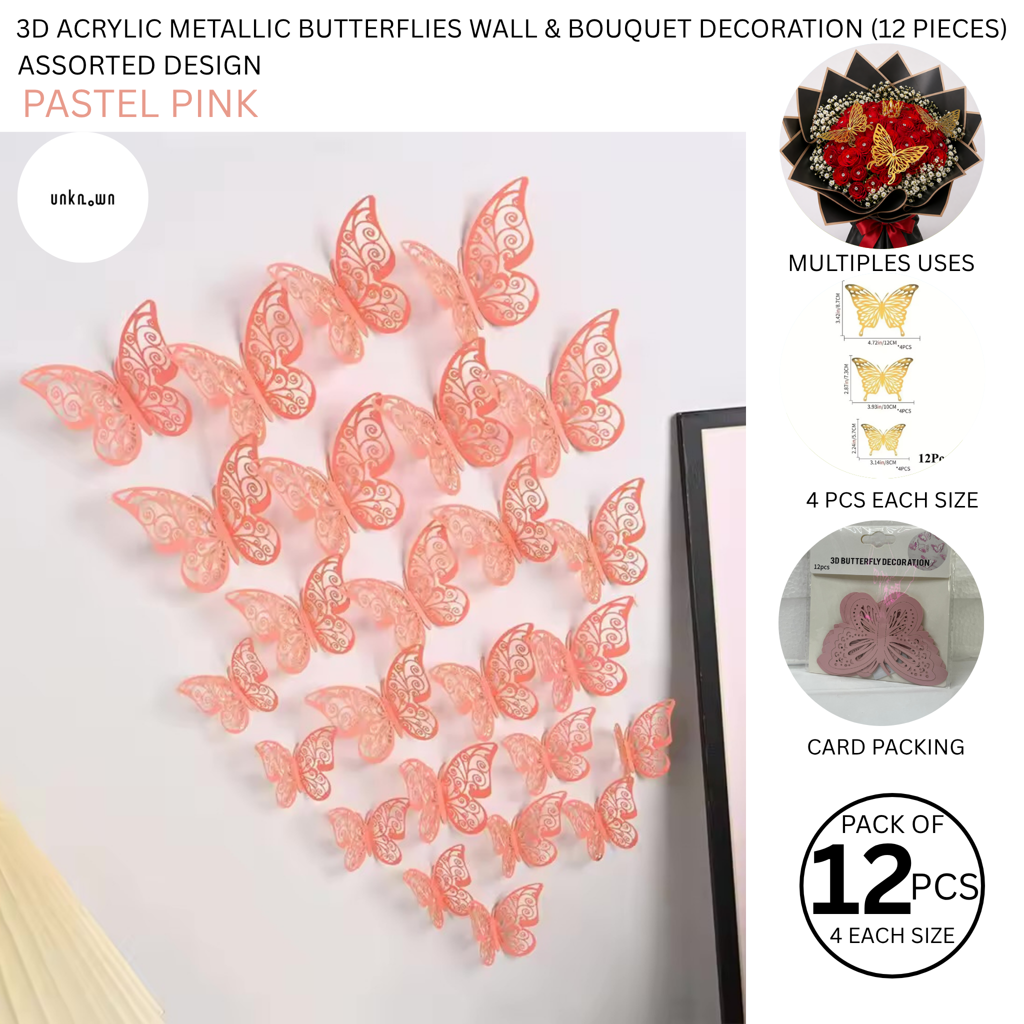 3D Acrylic Metallic Butterflies Wall & Bouquet Decoration (12 Pieces)