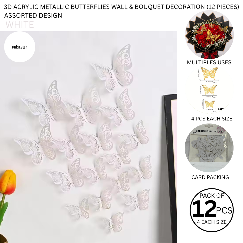 3D Acrylic Metallic Butterflies Wall & Bouquet Decoration (12 Pieces)