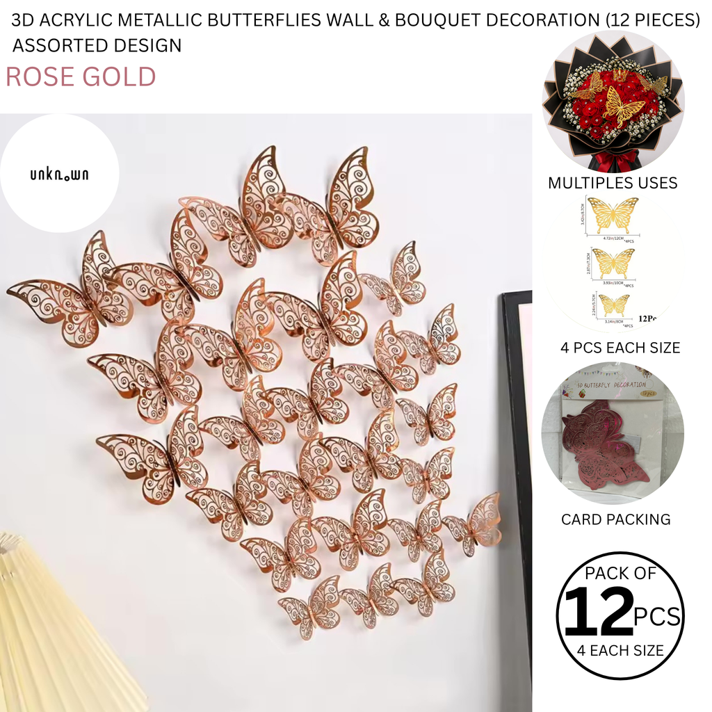 3D Acrylic Metallic Butterflies Wall & Bouquet Decoration (12 Pieces)