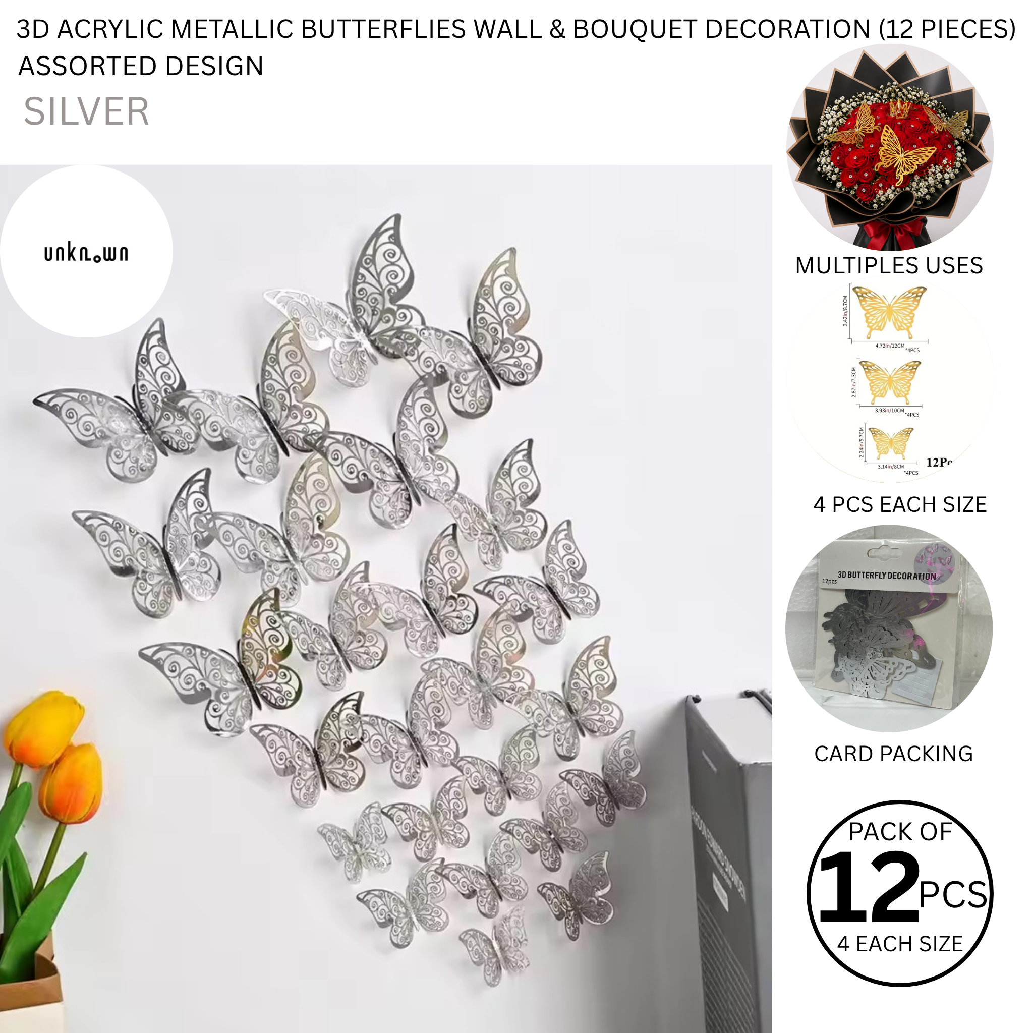 3D Acrylic Metallic Butterflies Wall & Bouquet Decoration (12 Pieces)