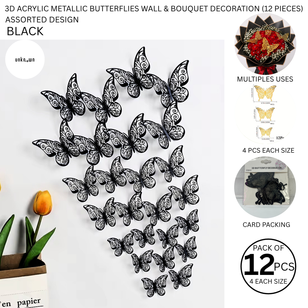 3D Acrylic Metallic Butterflies Wall & Bouquet Decoration (12 Pieces)