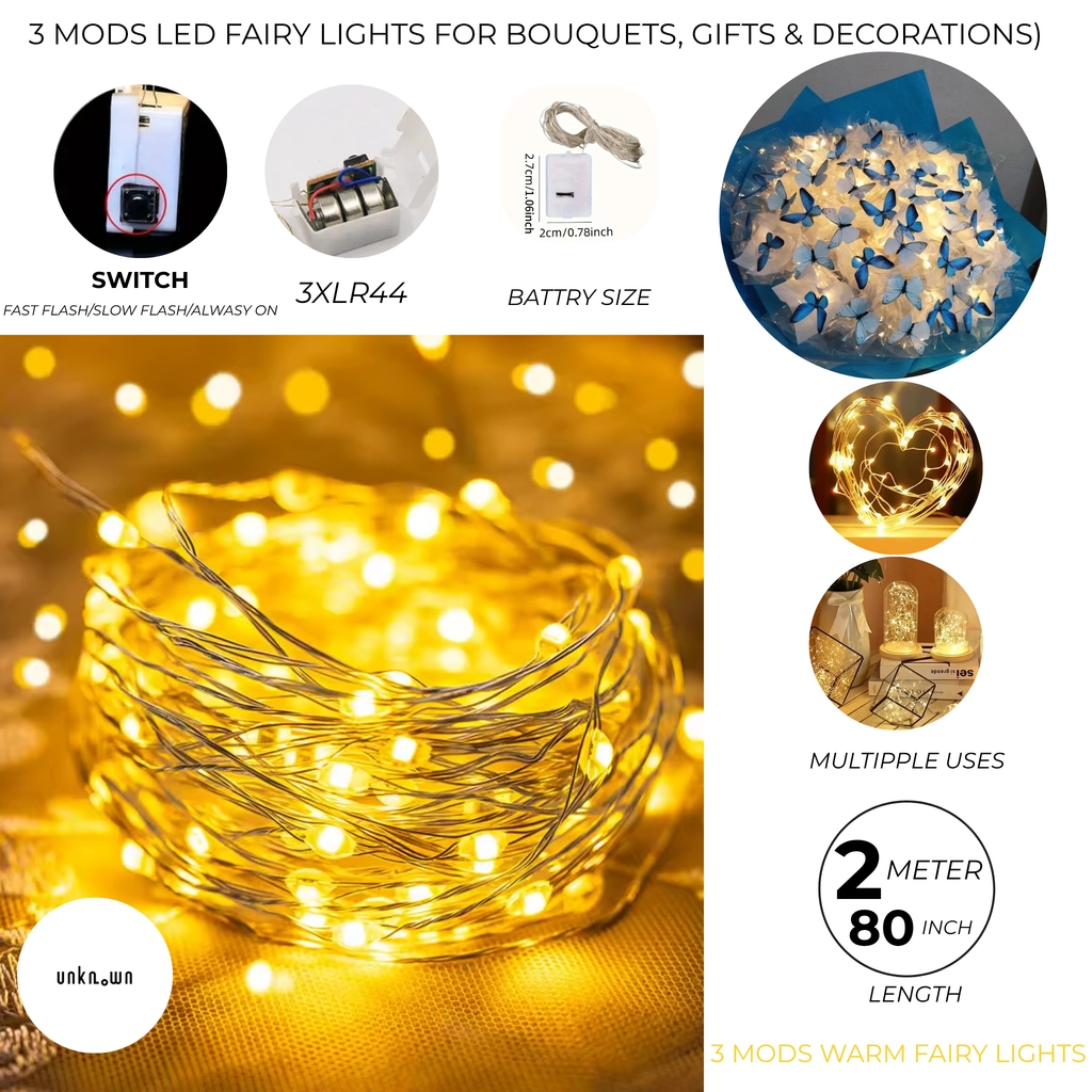3 Mods LED Fairy Lights for Bouquets, Gifts & Decorations (Battery Operated)