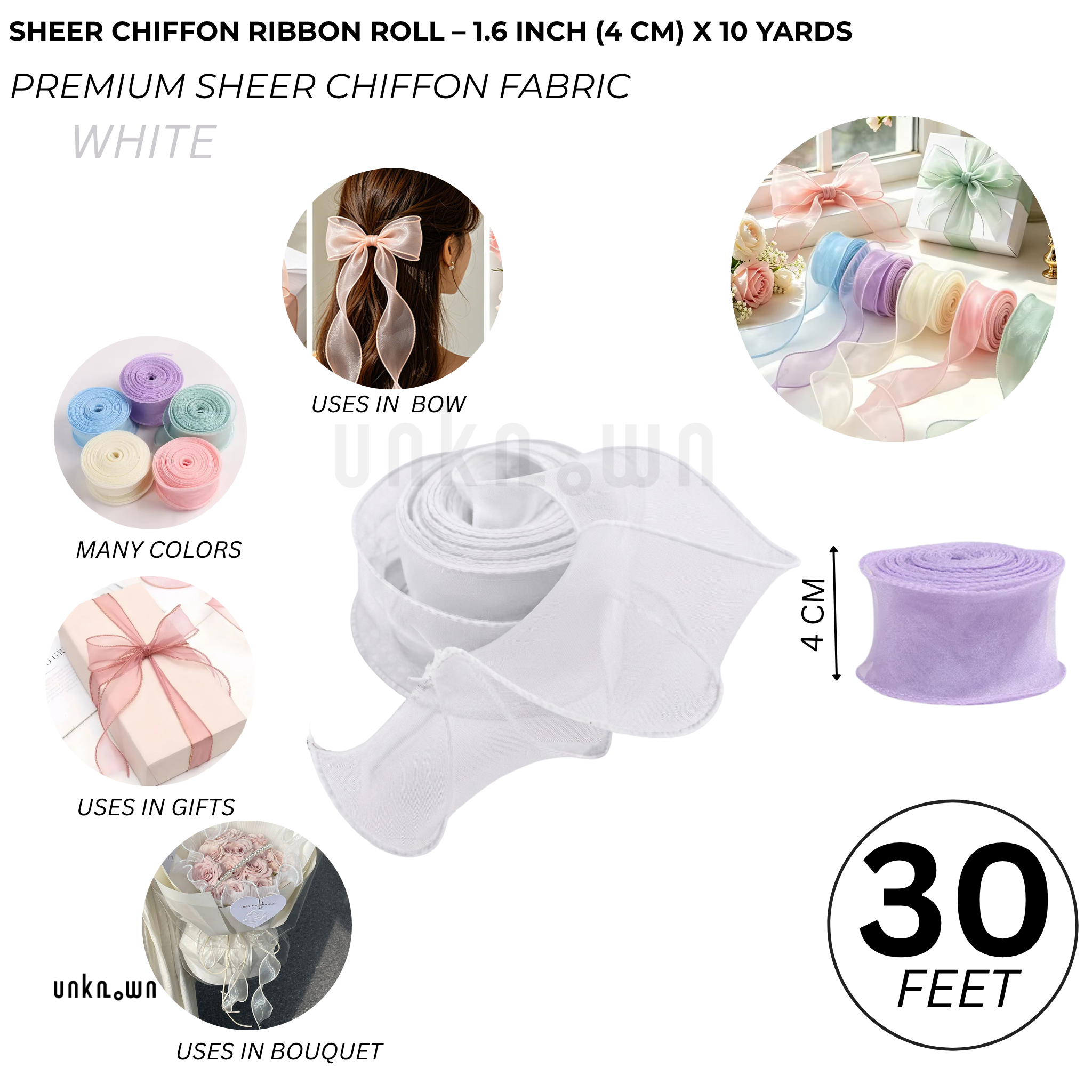 Premium Sheer Chiffon Ribbon Roll – 1.6 Inch (4 CM) x 10 Yards | Soft Organza Ribbon for Bouquet Wrapping, Gift Packing, Florist, DIY Crafts & Decorations