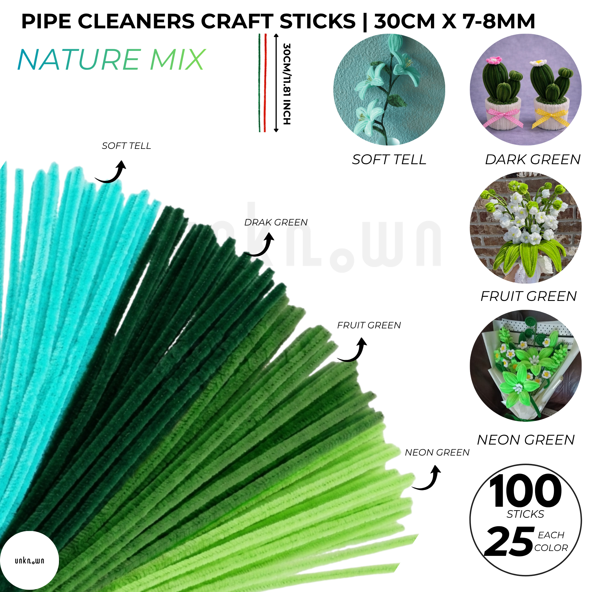 Pipe Cleaners Craft Sticks 100 Pcs Mixed Colors | Velvet Pipe Cleaner (25 Each Color) Chenille Stems 30cm for DIY Crafts, Handmade Flowers, School Projects & Bouquet Decoration