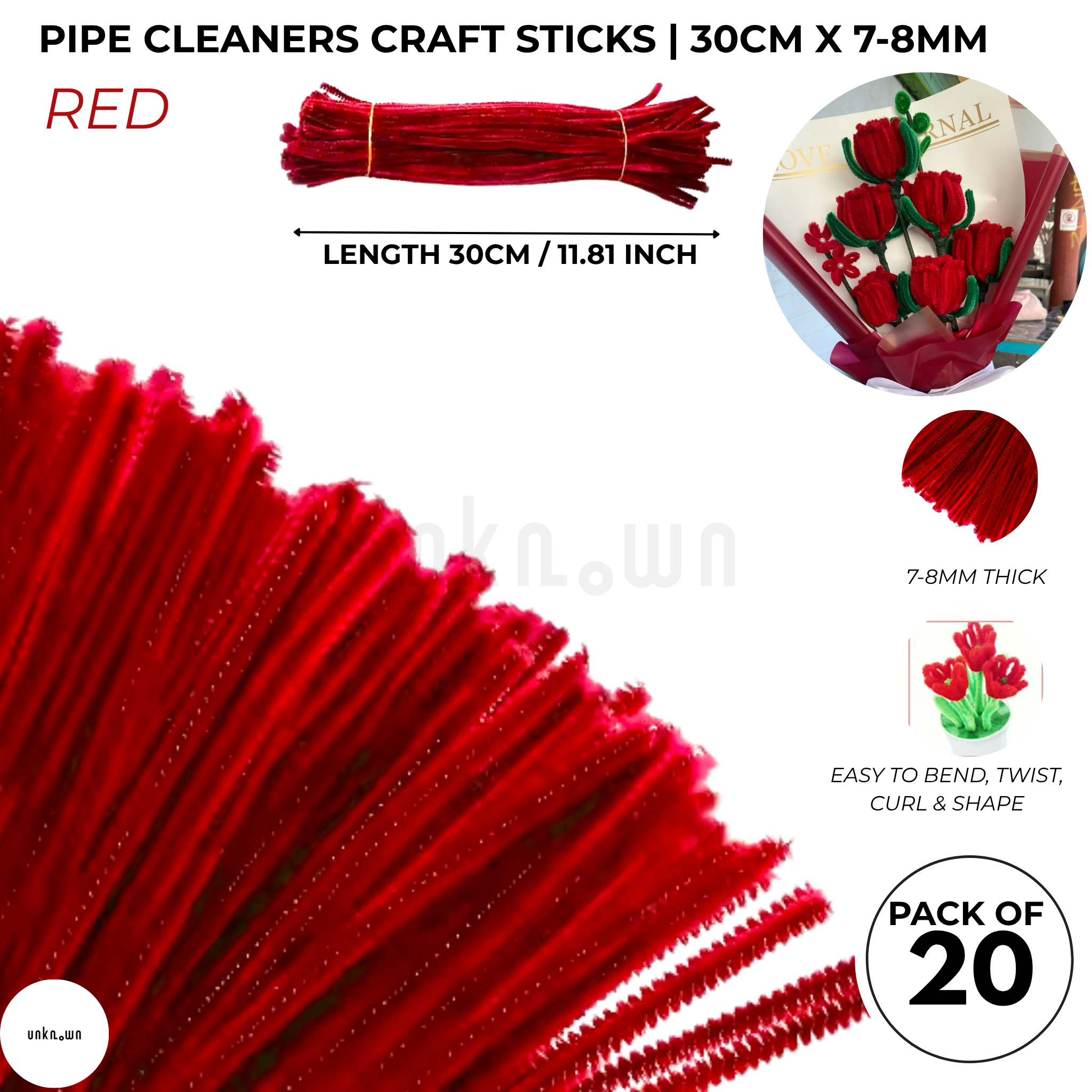 Velvet Pipe Cleaners Craft Sticks (20 Pcs) – 30cm Chenille Stems for DIY Crafts, Pipe Cleaner Flowers, Kids Art, School Projects & Bouquet Making