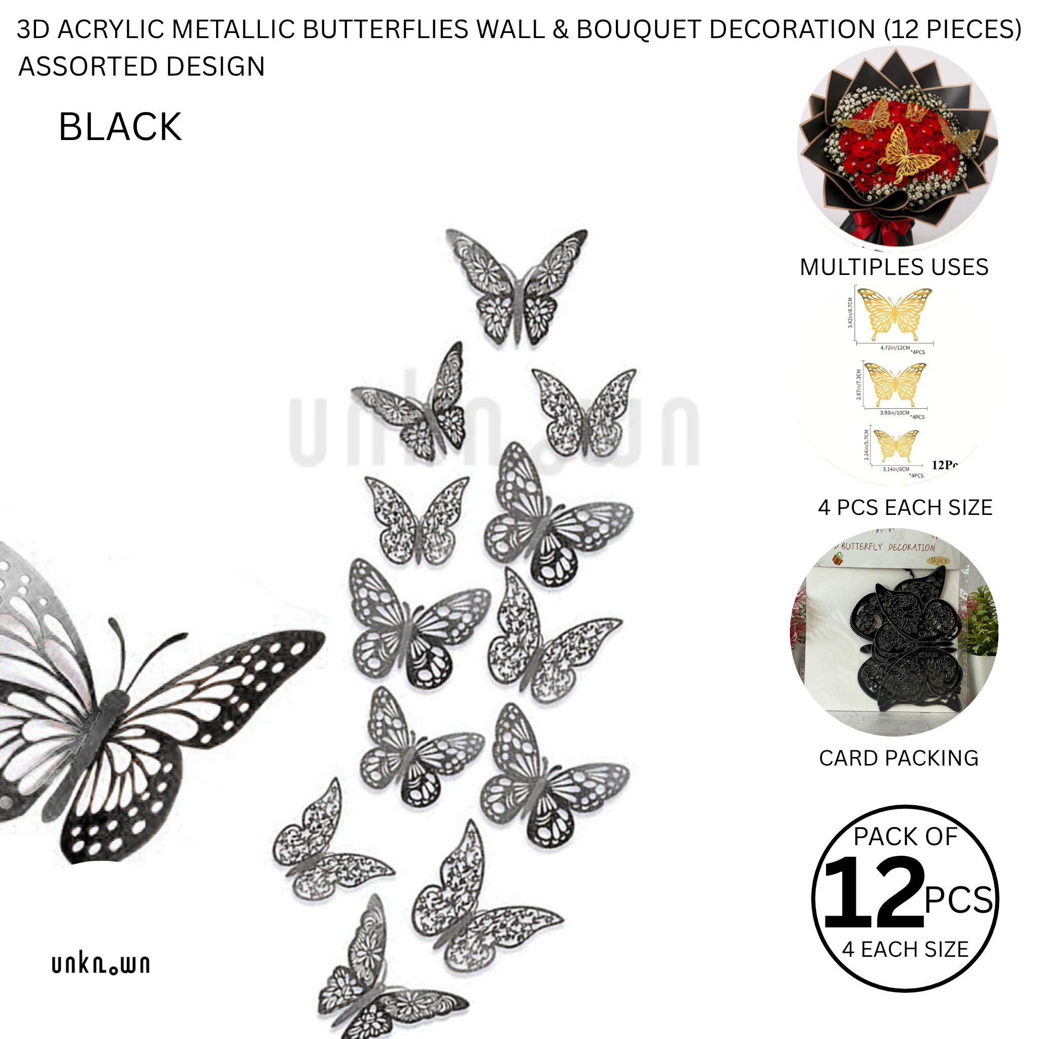 3D Acrylic Metallic Butterflies Wall & Bouquet Decoration (12 Pieces)