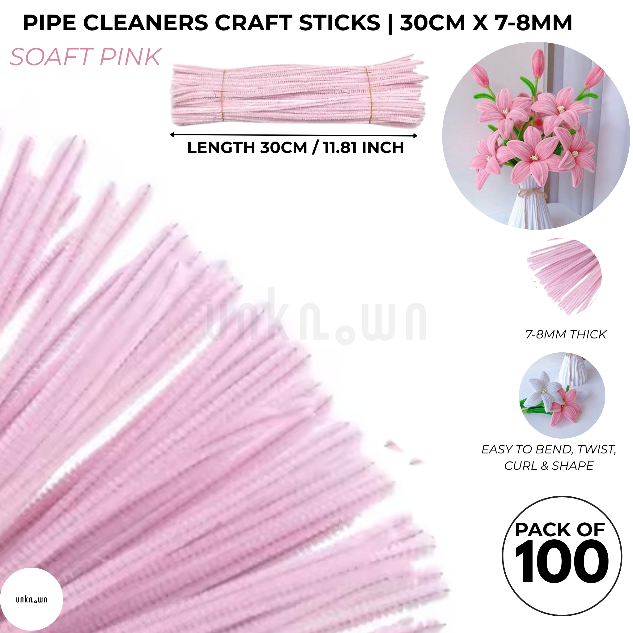 Premium Pipe Cleaner Sticks 100 Pcs | Velvet Pipe (Chenille Stems) for DIY Crafts, Handmade Flowers, School Art & Bouquet Making