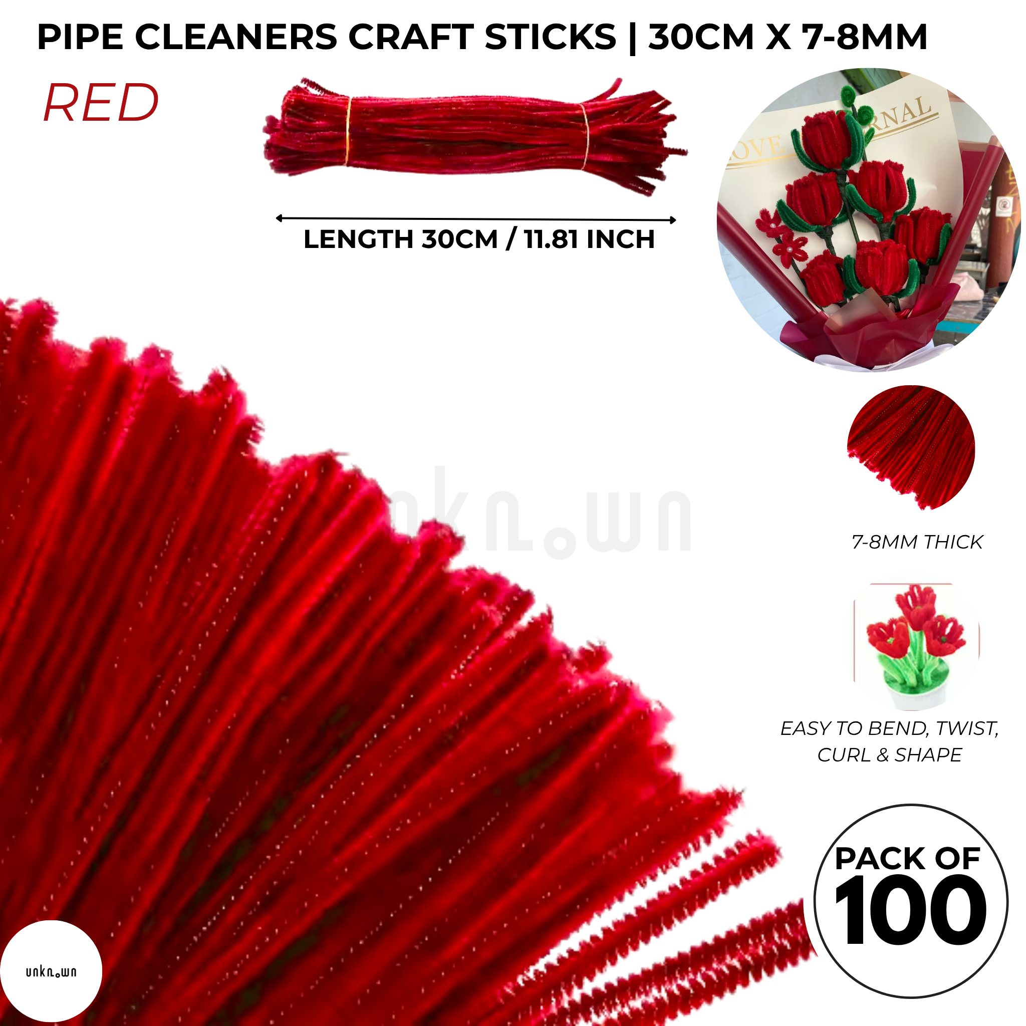 Premium Pipe Cleaner Sticks 100 Pcs | Velvet Pipe (Chenille Stems) for DIY Crafts, Handmade Flowers, School Art & Bouquet Making