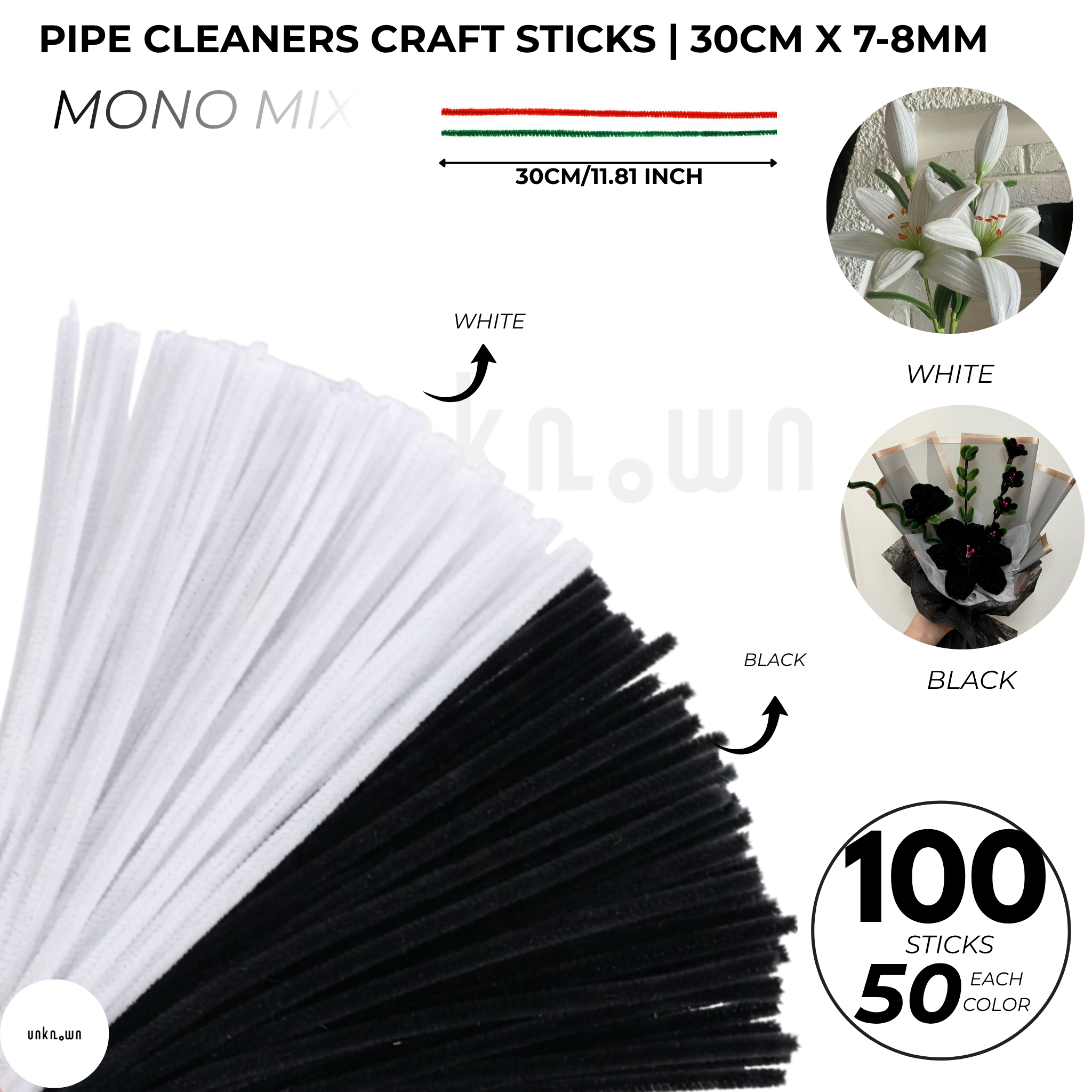 Pipe Cleaners Craft Sticks 100 Pcs (2 Color Mix) | Velvet Pipe Cleaner Chenille Stems 30cm (50+50) for DIY Crafts, Handmade Flowers, Bouquet Decoration & School Projects