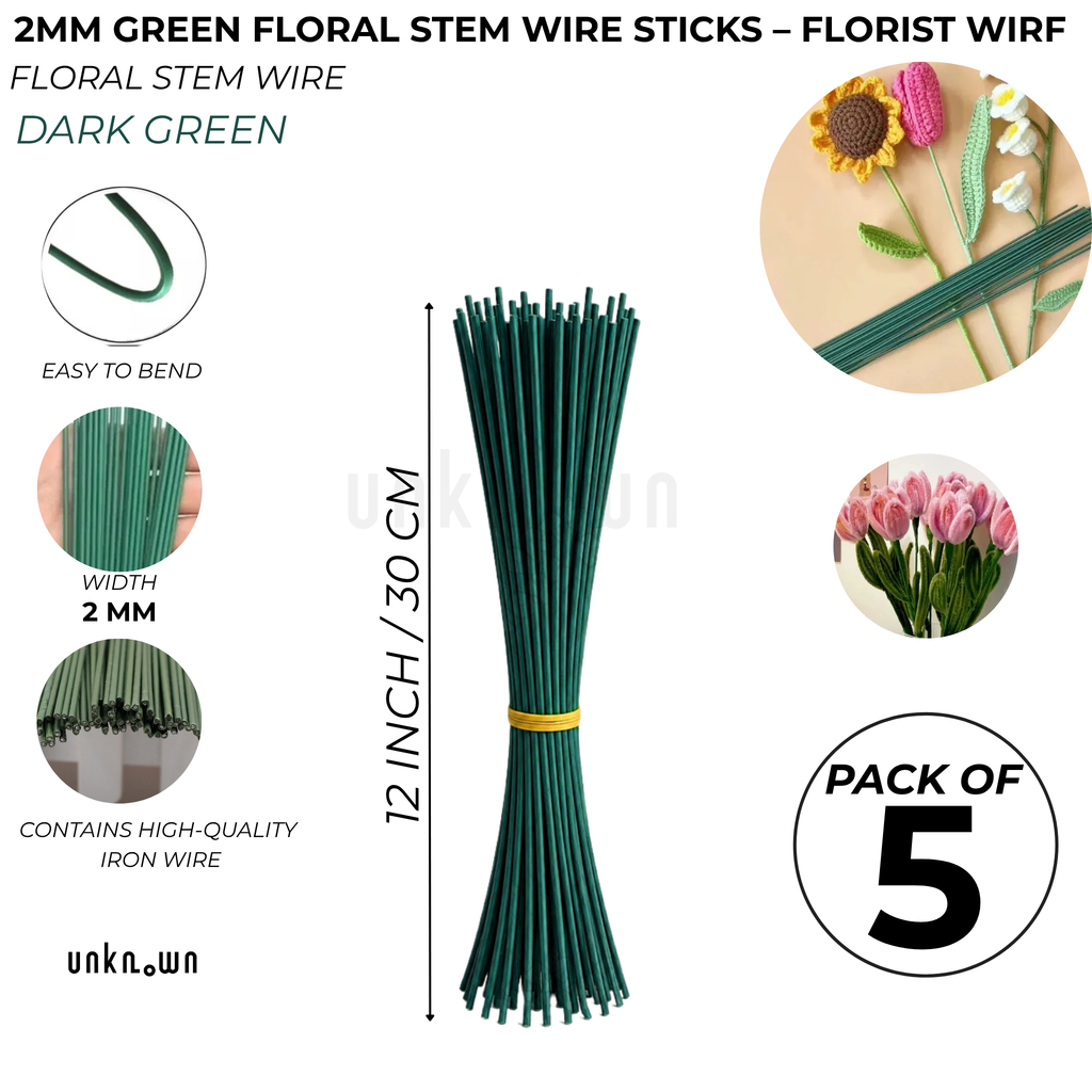 2mm Green Floral Stem Wire Sticks – 12 Inch / 30 CM Florist Wire for Artificial Flowers, Bouquet Making, Floral Crafts & DIY | Pack of 5, 15 & 25