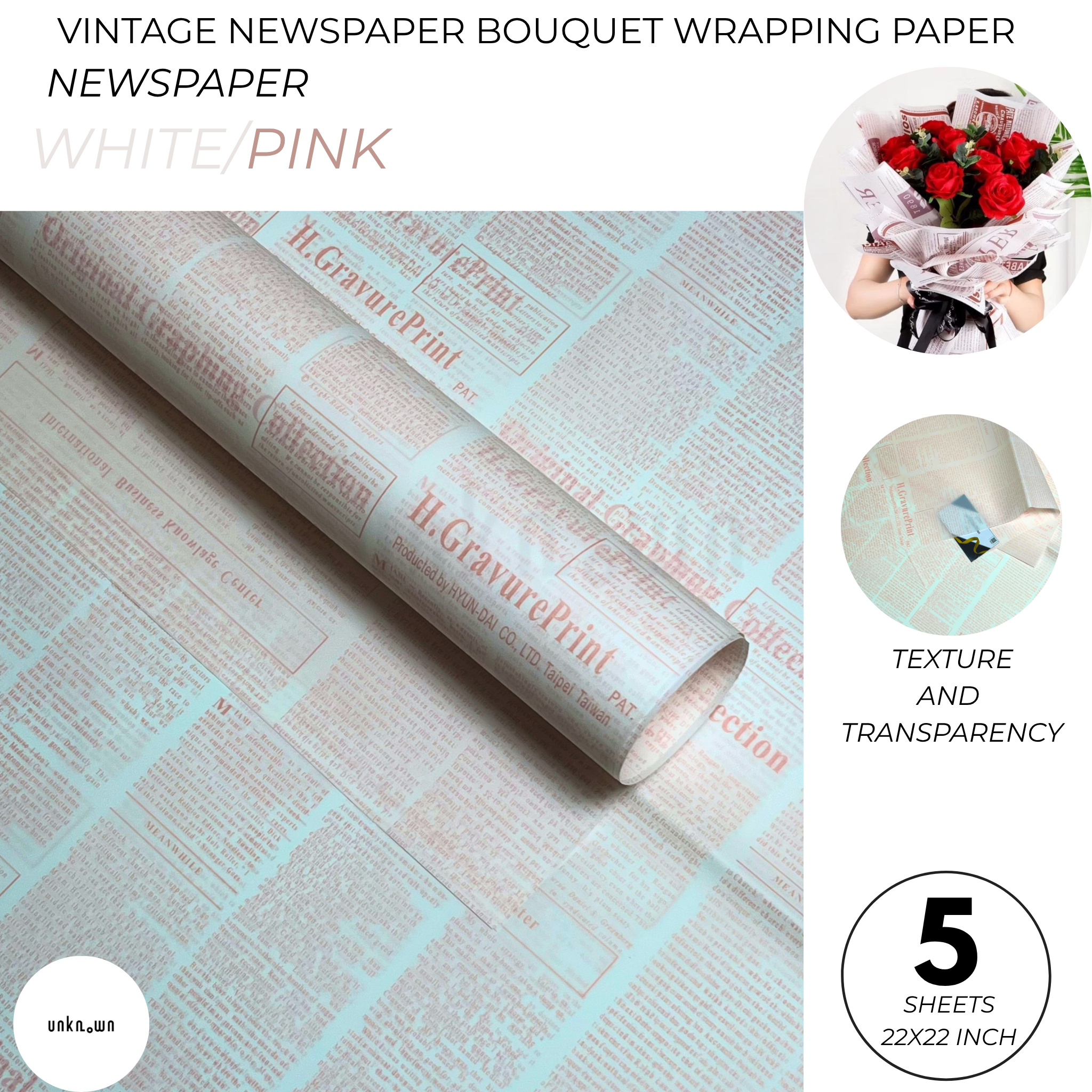 Premium Vintage Newspaper Bouquet Wrapping Paper – Floral Gift Wrap Sheets for Fresh Flowers, Florist Bouquet Packaging | Pack of 5 Sheets