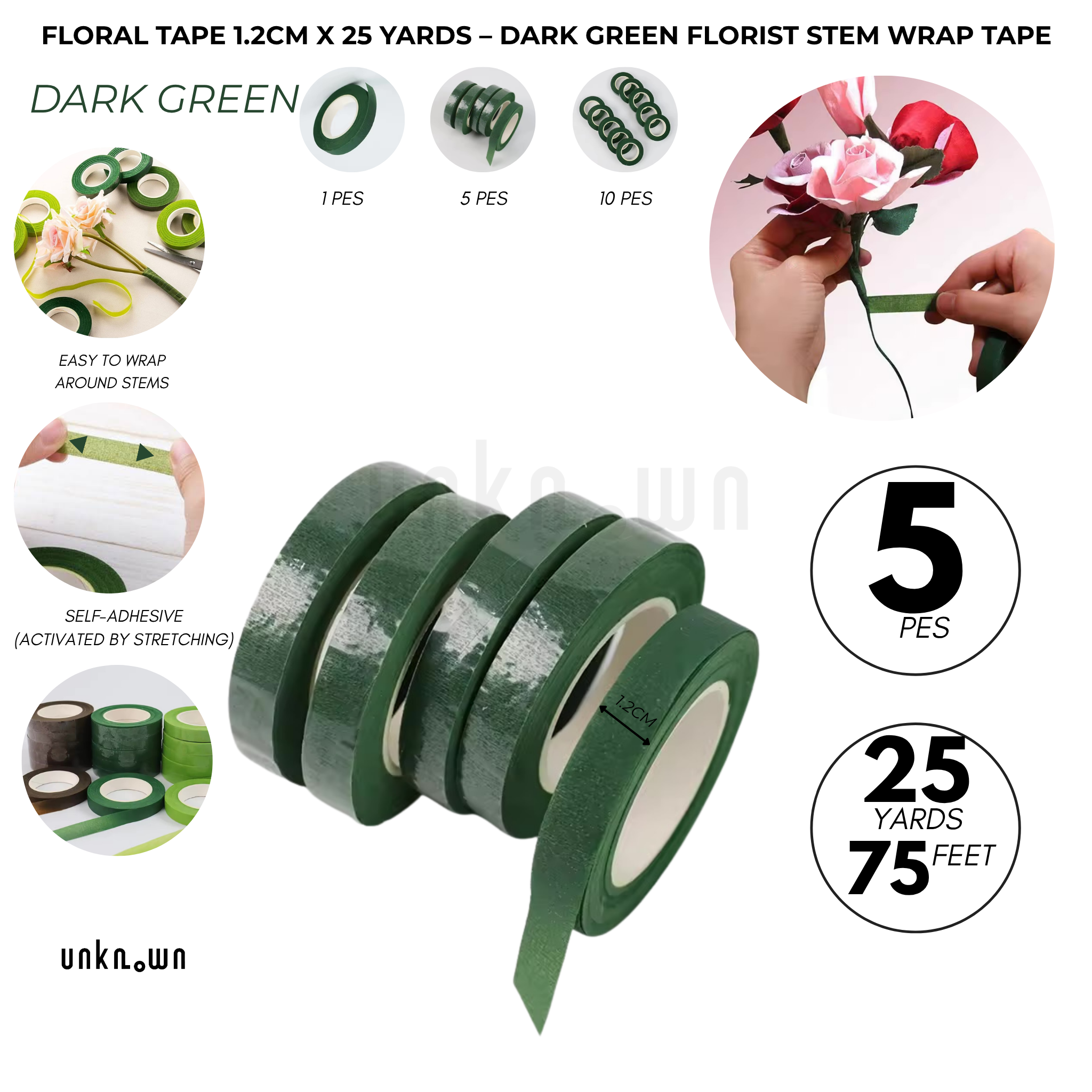 Premium Floral Tape 1.2cm x 25 Yards – Dark Green Florist Stem Wrap Tape for Flower Bouquets, Artificial Flowers, Floral Arrangements & DIY Crafts