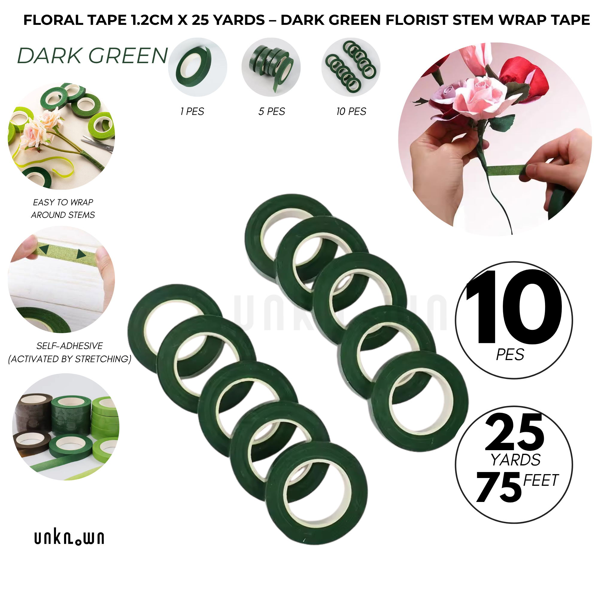 Premium Floral Tape 1.2cm x 25 Yards – Dark Green Florist Stem Wrap Tape for Flower Bouquets, Artificial Flowers, Floral Arrangements & DIY Crafts