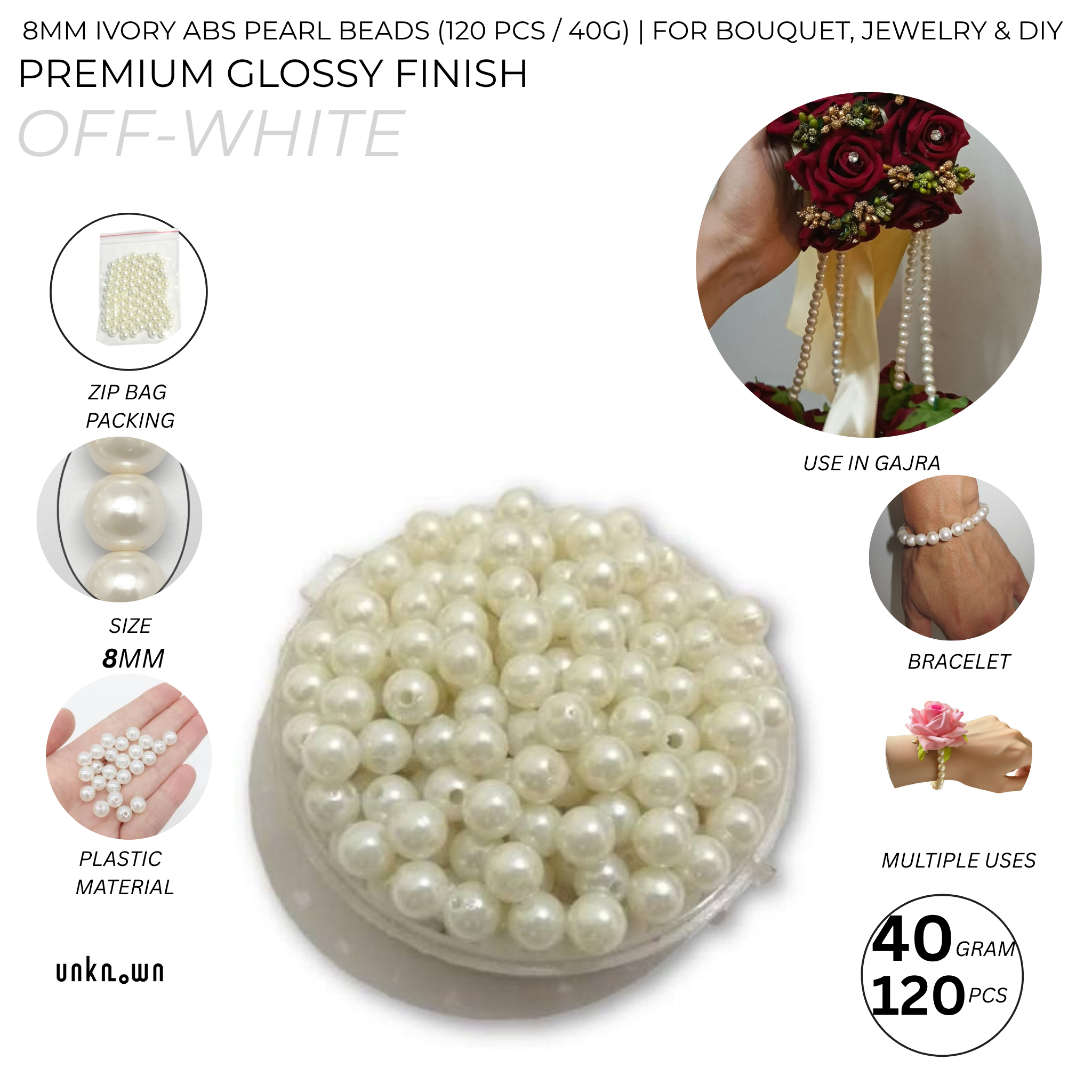 8mm Ivory ABS Pearl Beads (120 PCS / 40g) | Loose Pearl Beads for Bouquet, Jewelry & DIY Crafts