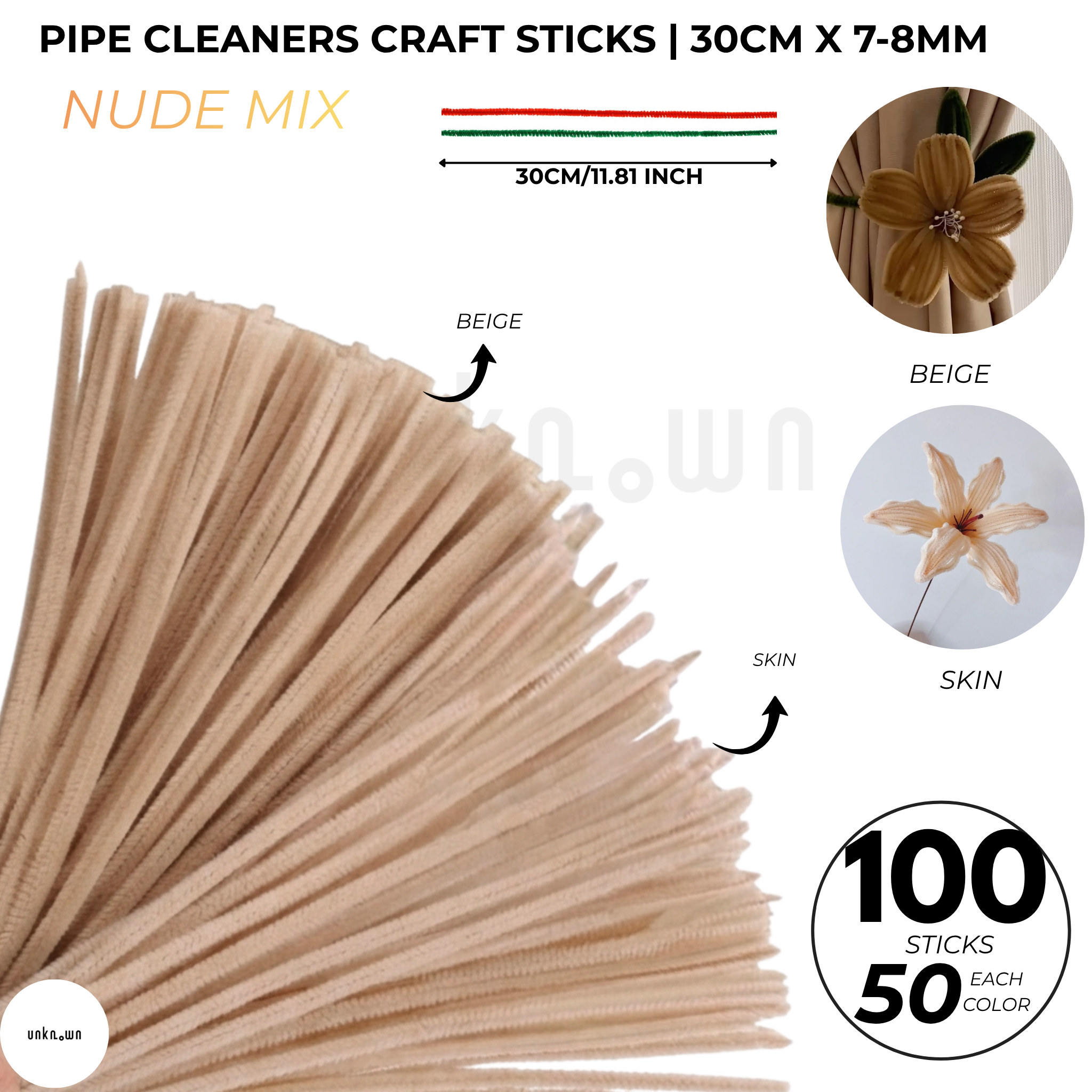Pipe Cleaners Craft Sticks 100 Pcs (2 Color Mix) | Velvet Pipe Cleaner Chenille Stems 30cm (50+50) for DIY Crafts, Handmade Flowers, Bouquet Decoration & School Projects