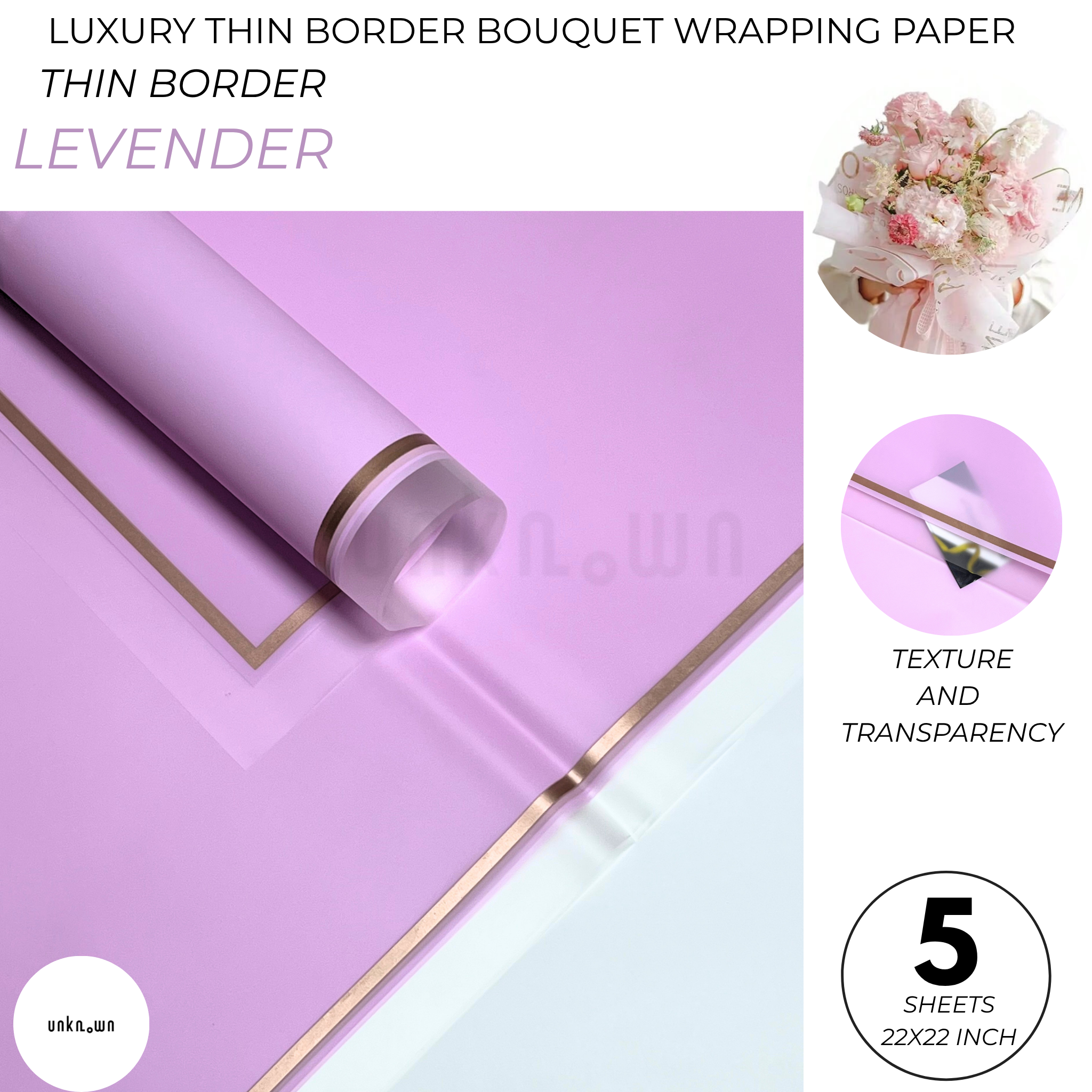 Luxury Thin Border Bouquet Wrapping Paper – Premium Translucent Floral Wrapping Sheets for Fresh Flower Bouquets | Pack of 5 Sheets