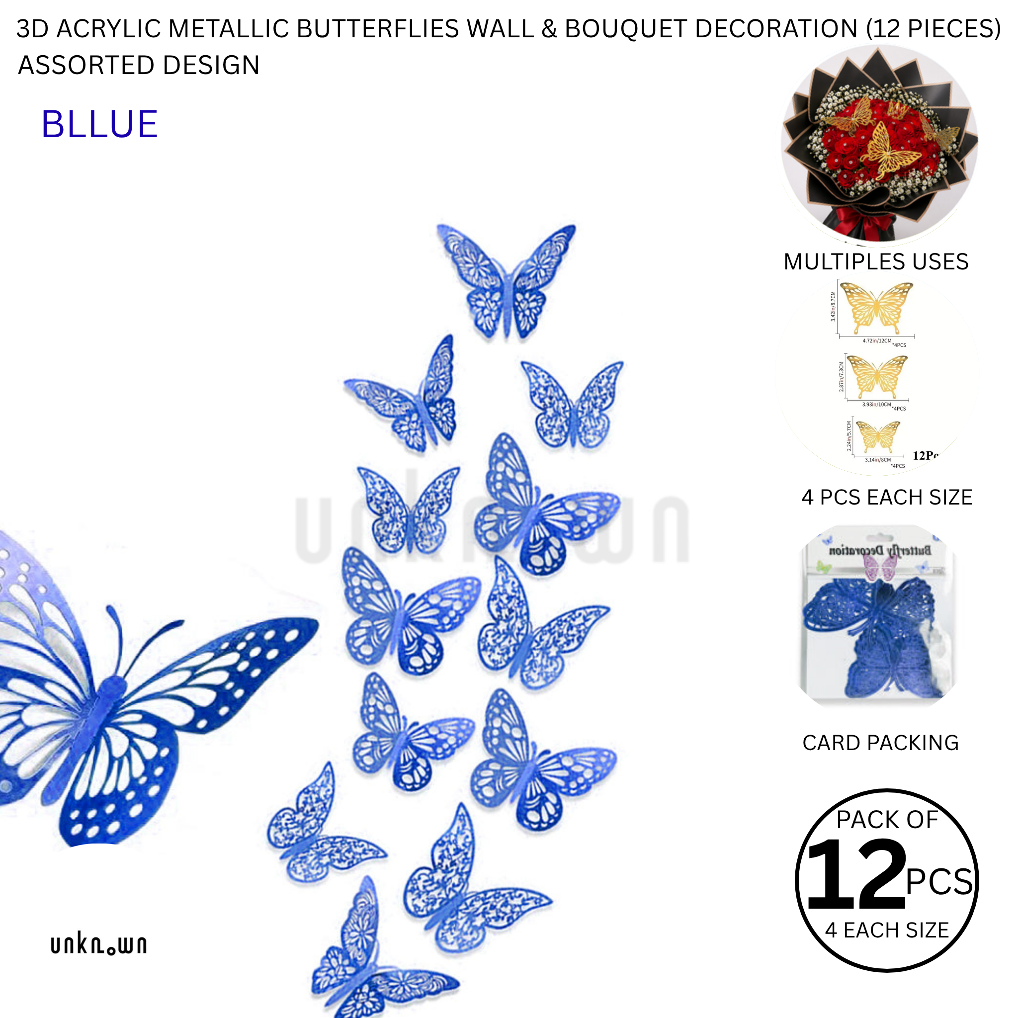 3D Acrylic Metallic Butterflies Wall & Bouquet Decoration (12 Pieces)