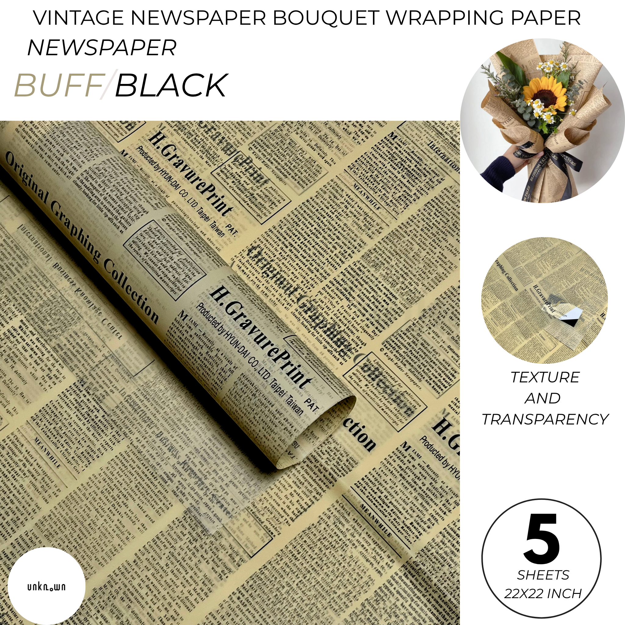Premium Vintage Newspaper Bouquet Wrapping Paper – Floral Gift Wrap Sheets for Fresh Flowers, Florist Bouquet Packaging | Pack of 5 Sheets