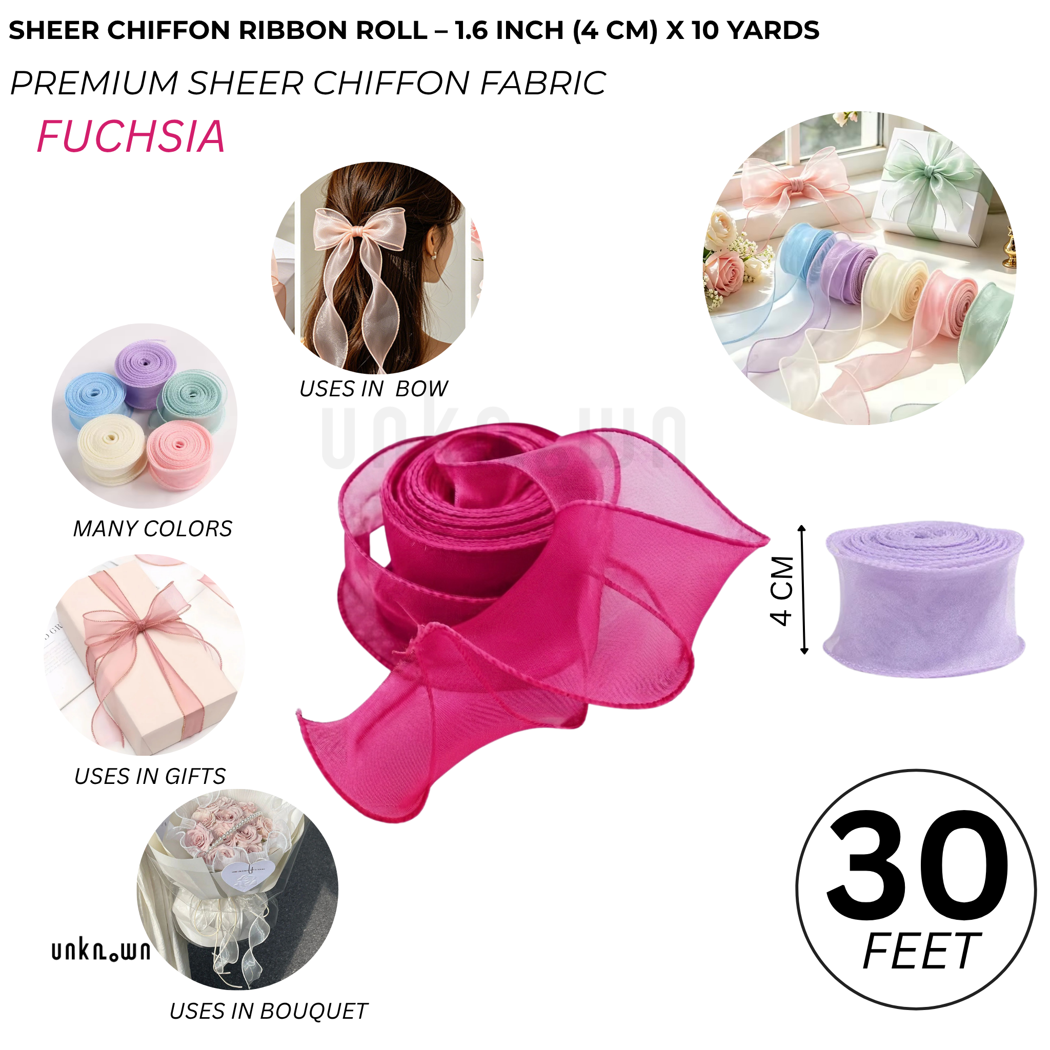 Premium Sheer Chiffon Ribbon Roll – 1.6 Inch (4 CM) x 10 Yards | Soft Organza Ribbon for Bouquet Wrapping, Gift Packing, Florist, DIY Crafts & Decorations