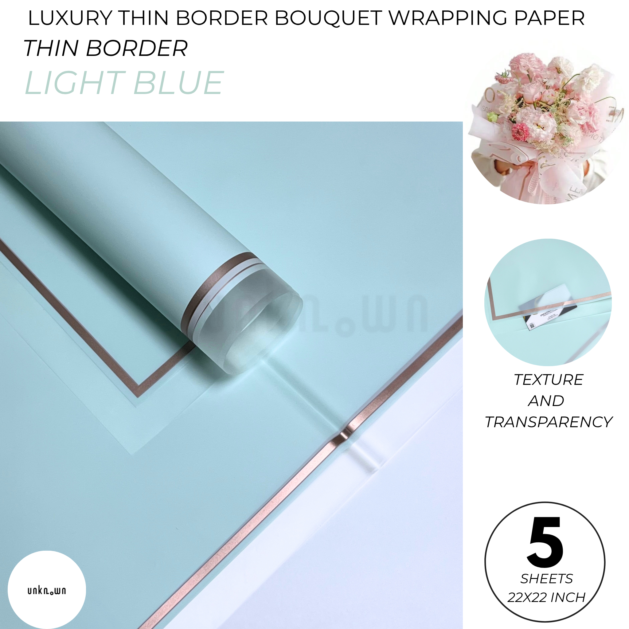 Luxury Thin Border Bouquet Wrapping Paper – Premium Translucent Floral Wrapping Sheets for Fresh Flower Bouquets | Pack of 5 Sheets