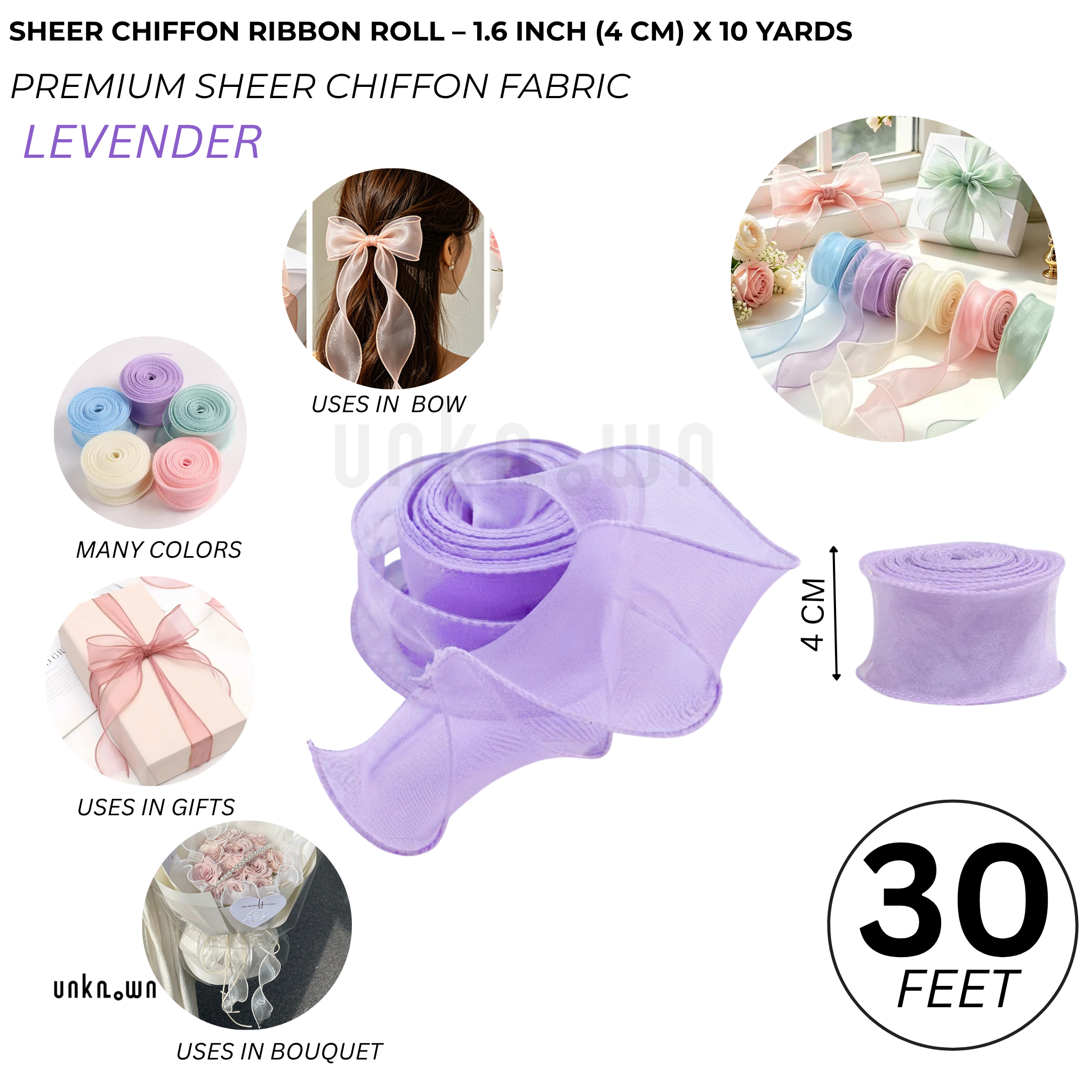 Premium Sheer Chiffon Ribbon Roll – 1.6 Inch (4 CM) x 10 Yards | Soft Organza Ribbon for Bouquet Wrapping, Gift Packing, Florist, DIY Crafts & Decorations